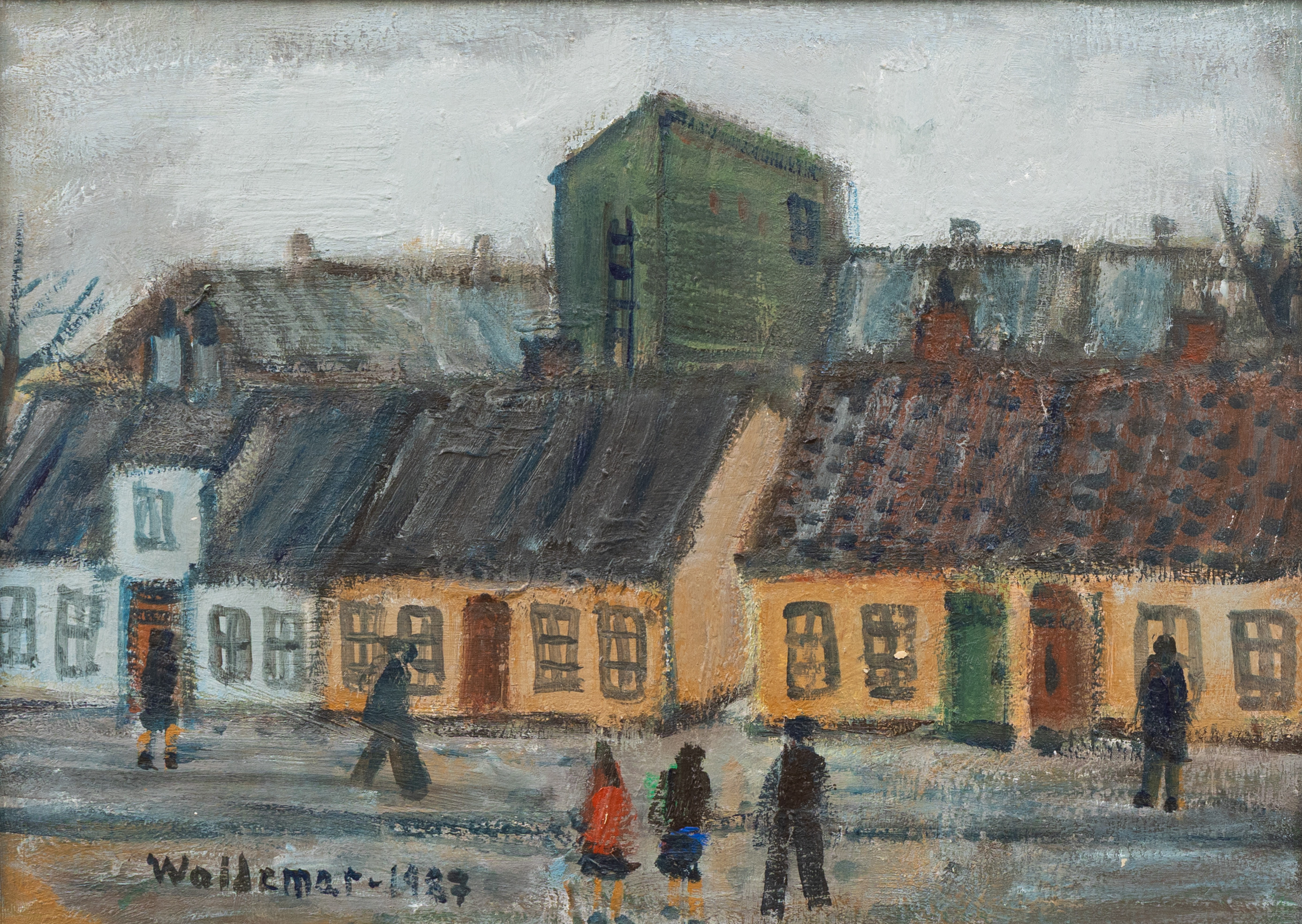 ÅKE WALDEMAR LARSSON. "Norra Rörsjögränd, Malmö", olja på pannå, signerad och daterad 1987.