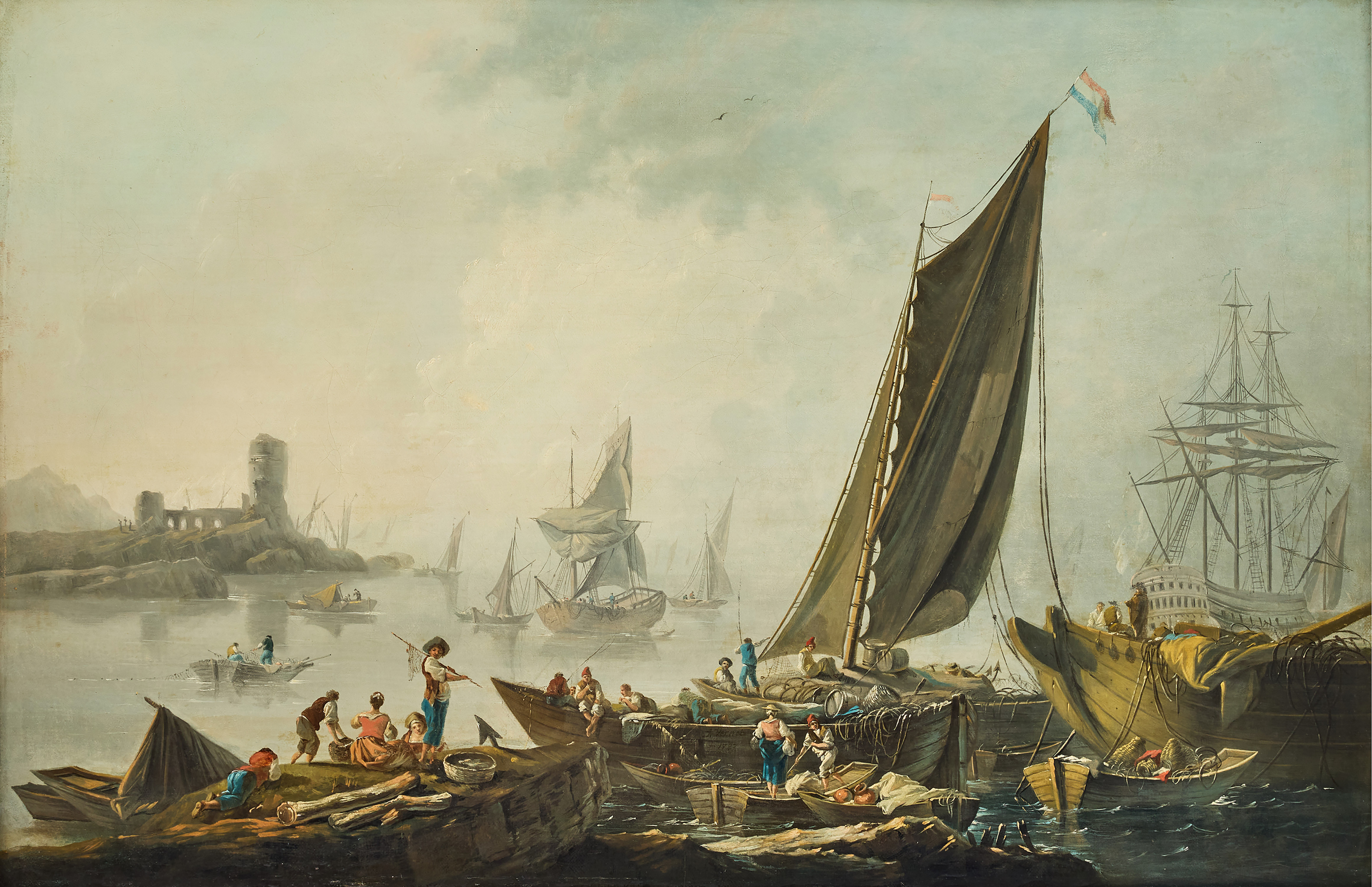 PIETRO ANTONIO SASSO (ITALY 1834–CA. 1905). After Jean-Baptiste Pillement. View of a port with fishermen, vessels and a ruined aqueduct.