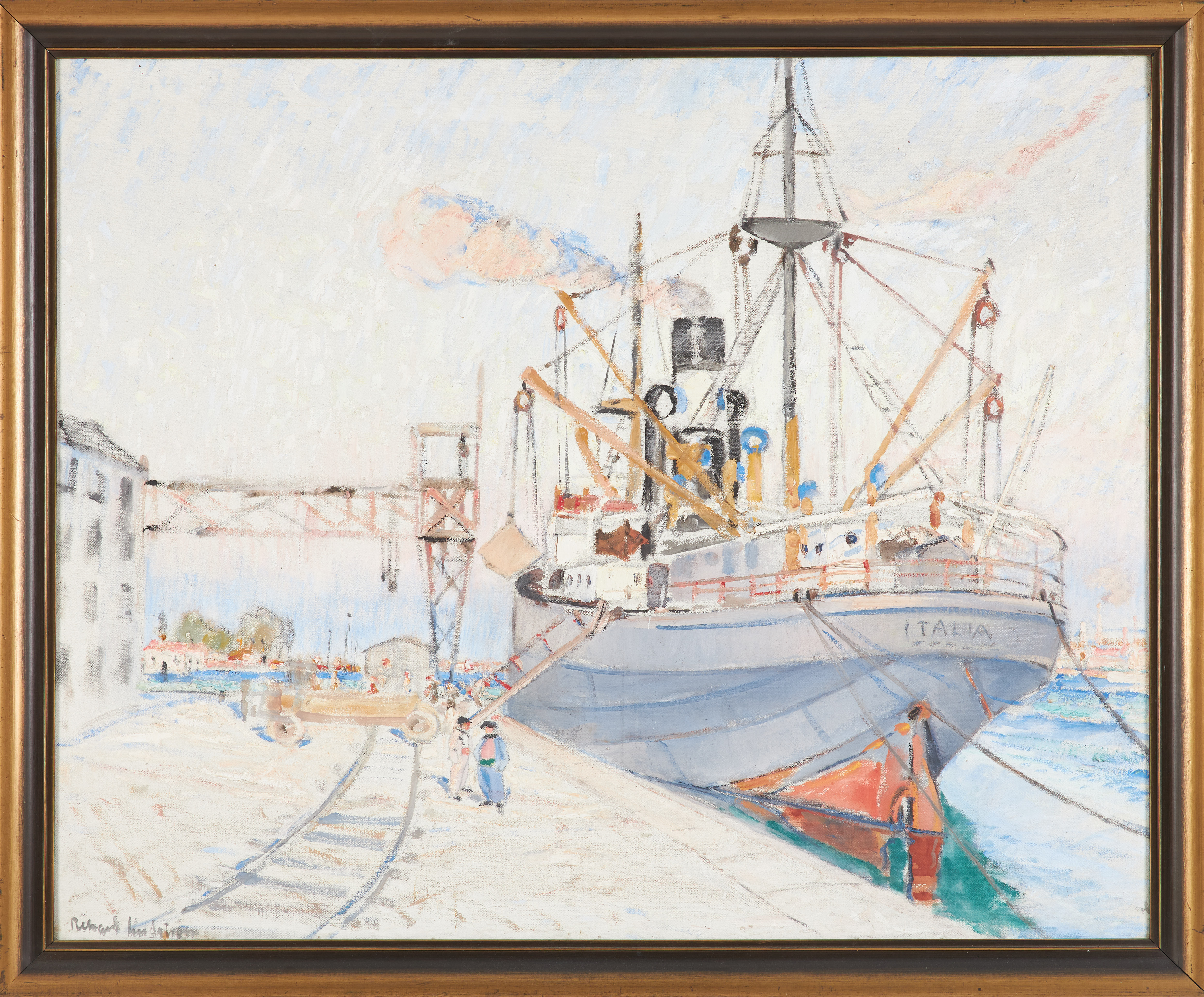 RICHARD LINDSTRÖM. hamnmotiv, olja på duk.