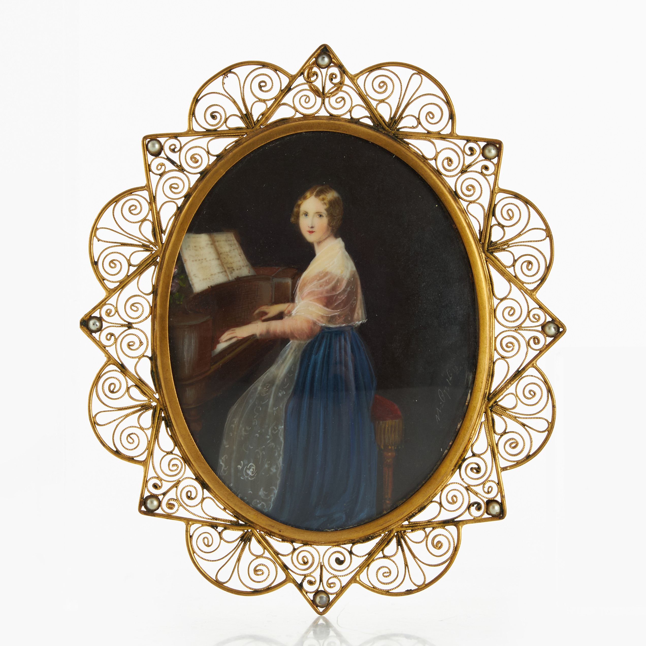 MINIATYRMÅLNING, föreställande Jenny Lind, signerad, goauche, ram i förgylld mässing med fröpärlor.