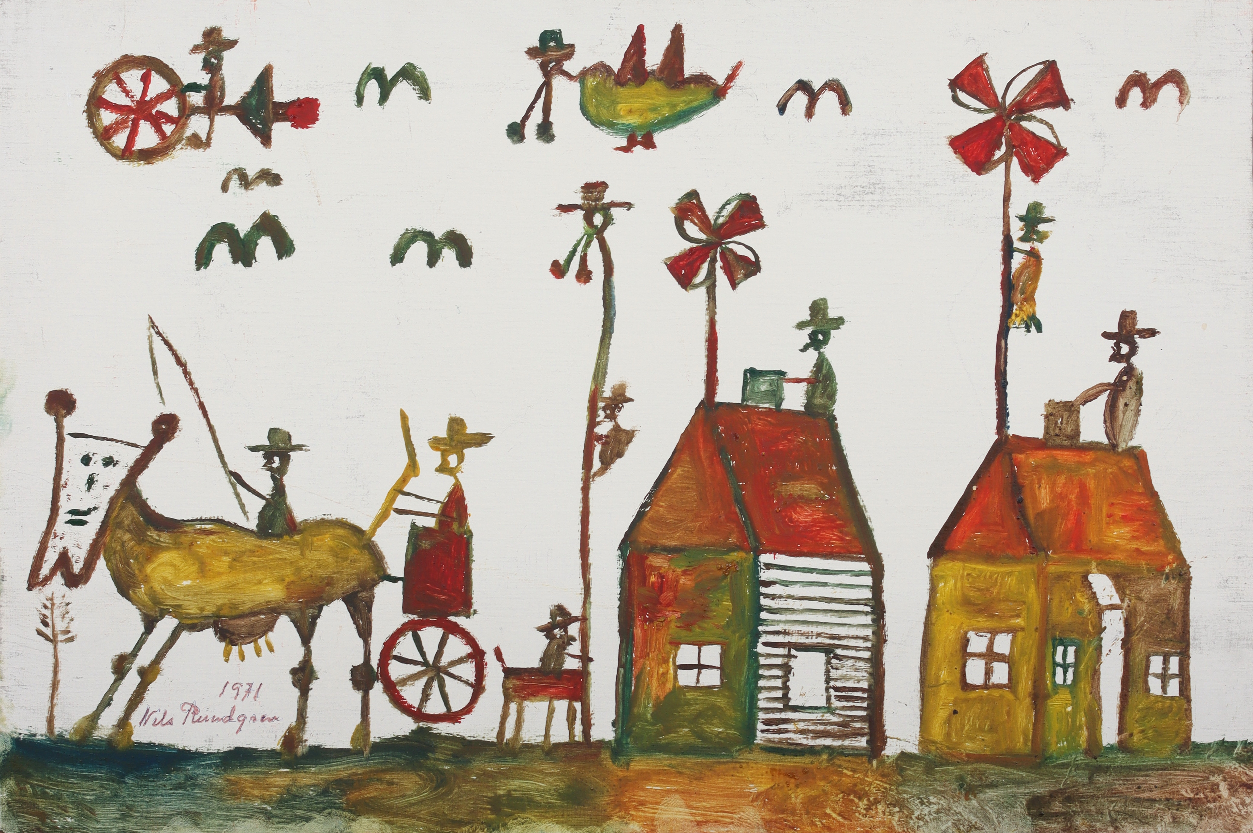 NILS "BJÖRNJÄGAREN" RUNDGREN. Komposition med figurer, blandteknik på pannå, signerad och daterad 1971.