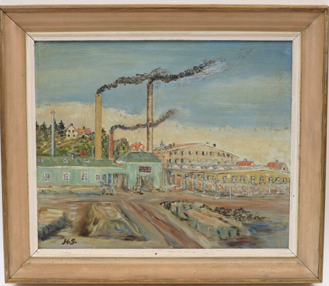 OIDENTIFIERAD KONSTNÄR. Fabriksbyggnad, oljemålning på pannå, monogramsignerad HS.
