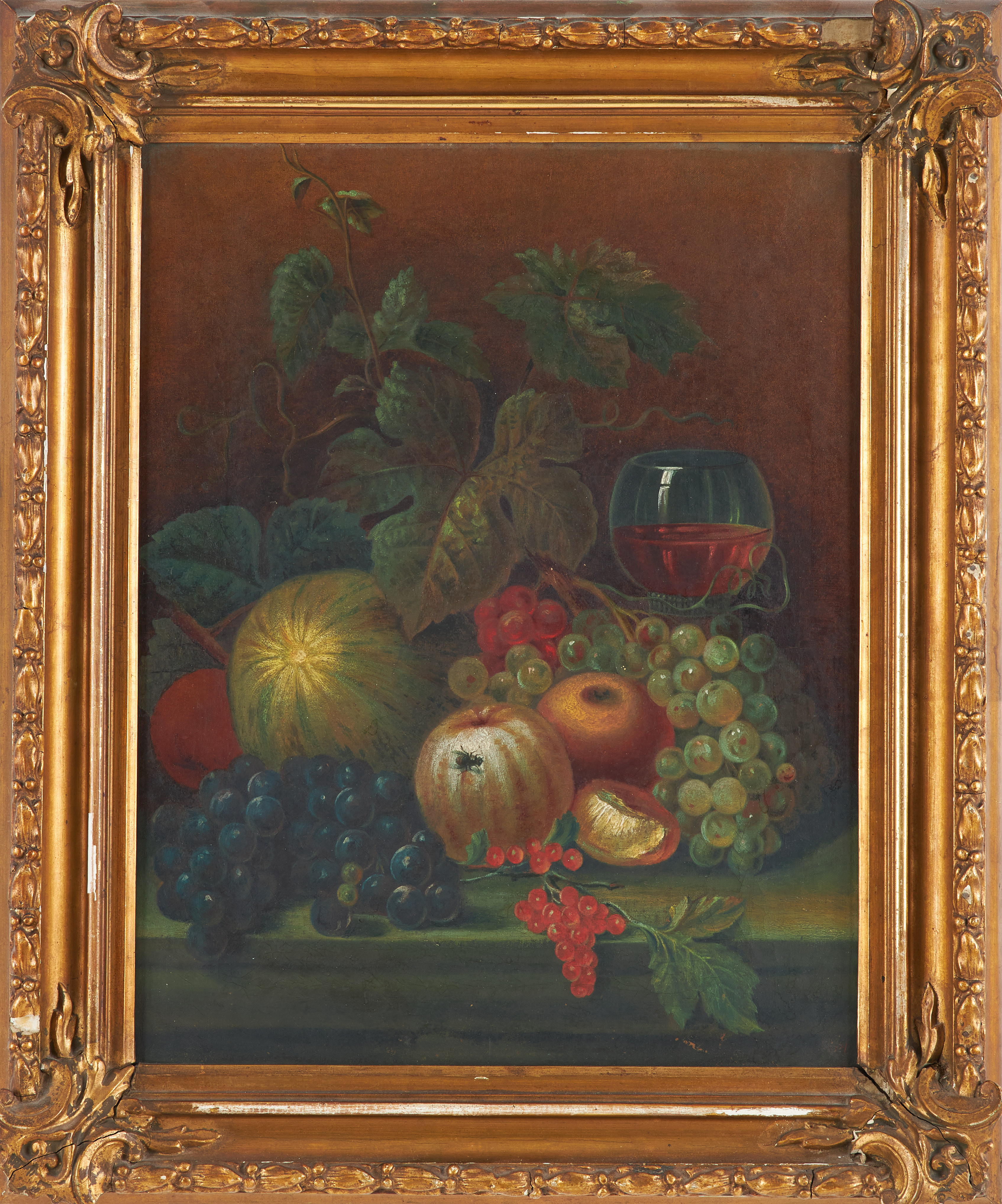 OIDENTIFIERAD KONSTNÄR. stilleben med frukter, vinglas och blad, olja på duk, signerad och daterad a tergo.