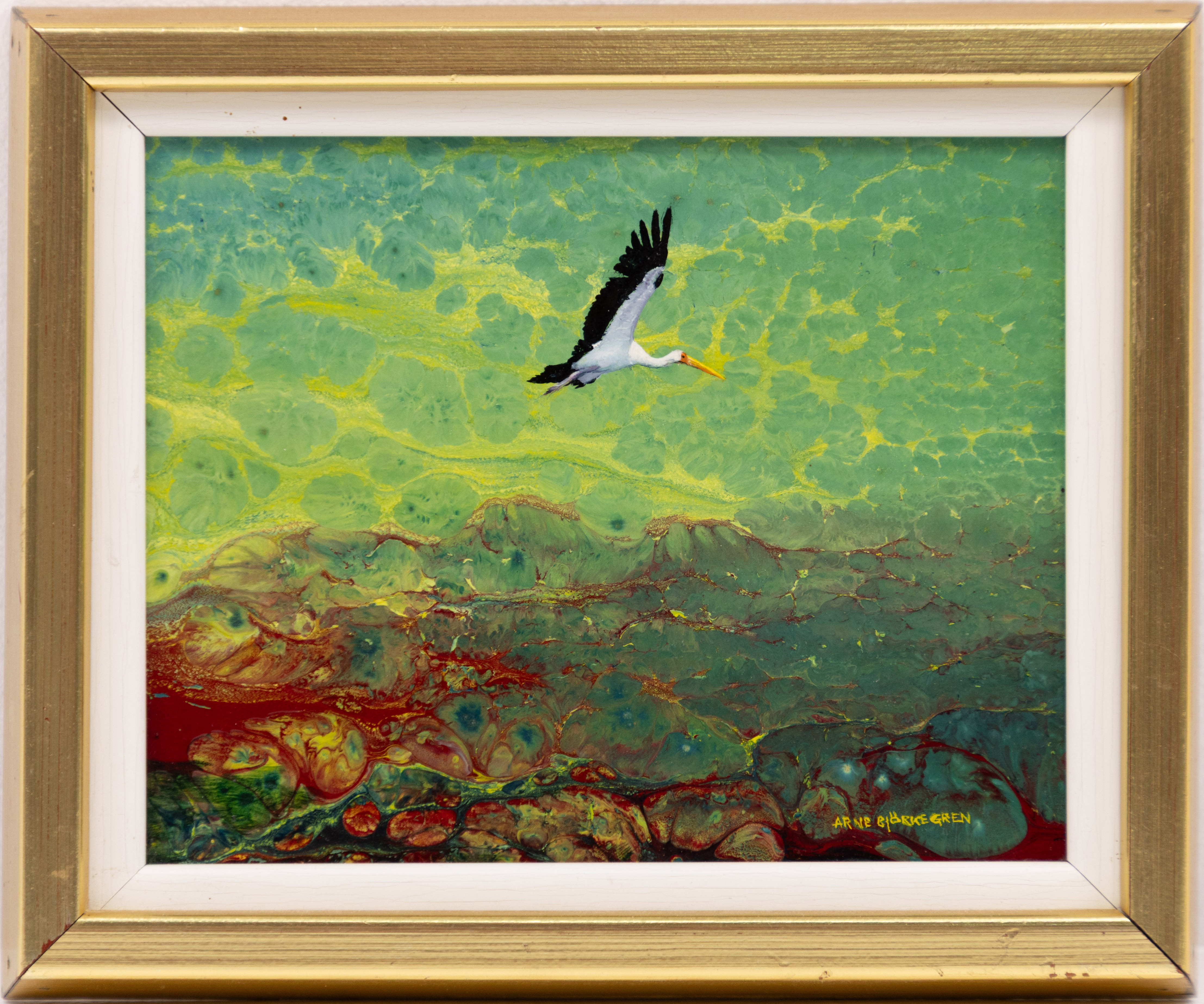 ARNE BJÖRKEGREN. Emaljmålning, "Flygande trana", signerad.