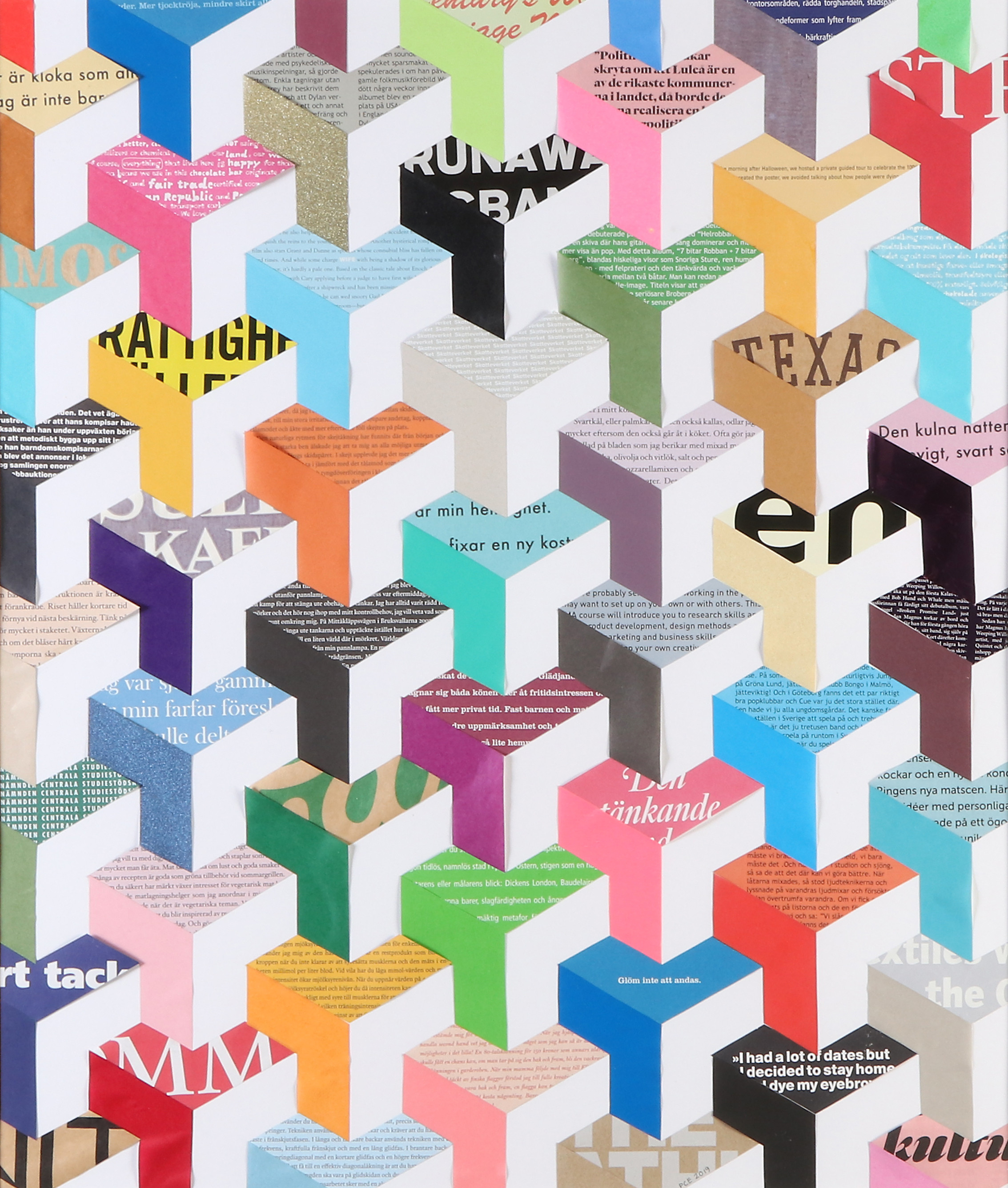 PETRA CARLSTEN EYGUN. COLLAGE. Utställd på Liljevalchs, Vårsalongen 2020. Titel: Devellopment, Katalognr 40. Etikett från utställningen a tergo.