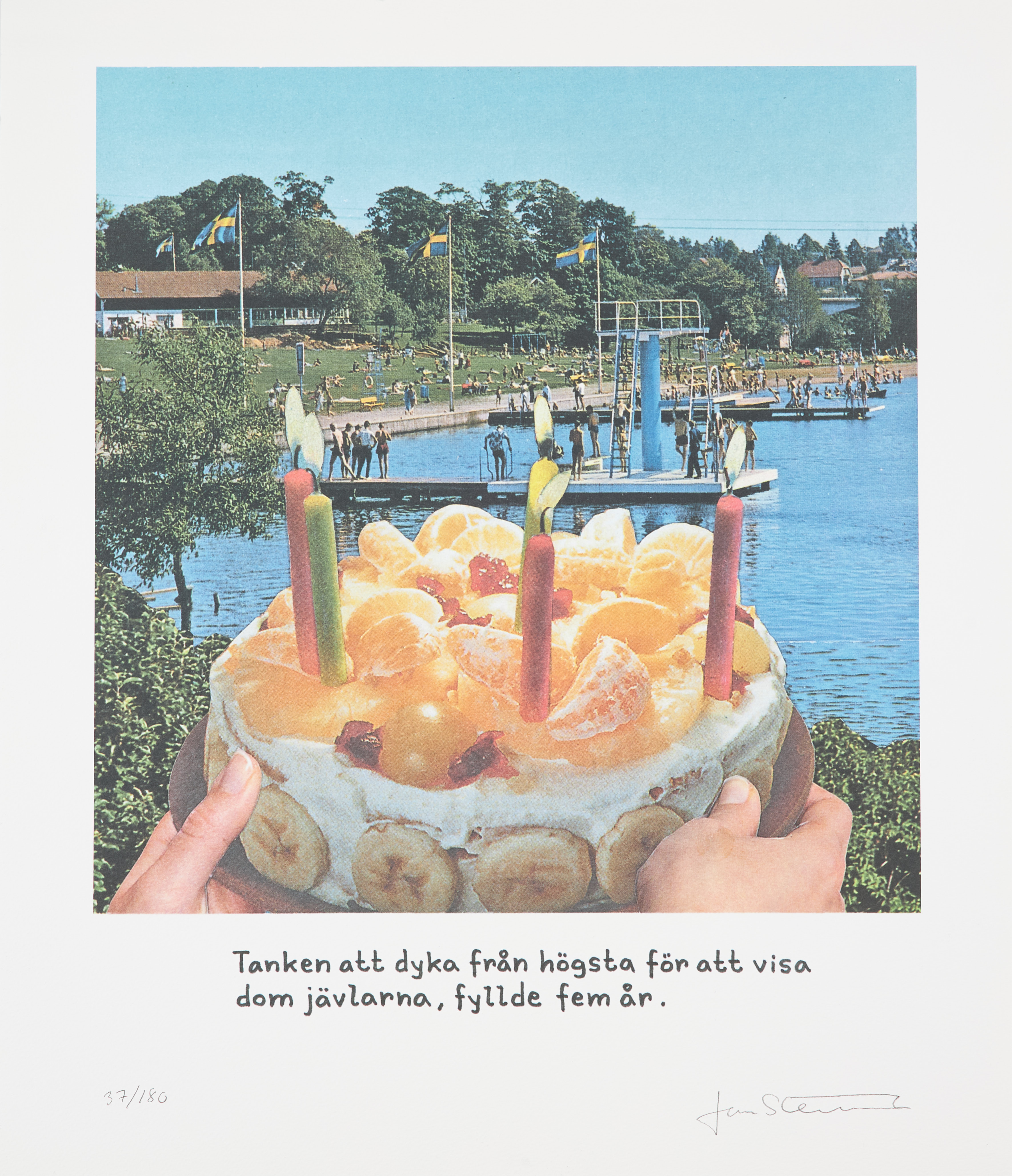 JAN STENMARK (FÖDD 1949). "Tanken att dyka från högsta för att visa dom jävlarna, fyllde fem år", färgoffset, signerad och numrerad Jan Stenmark, 37/180.