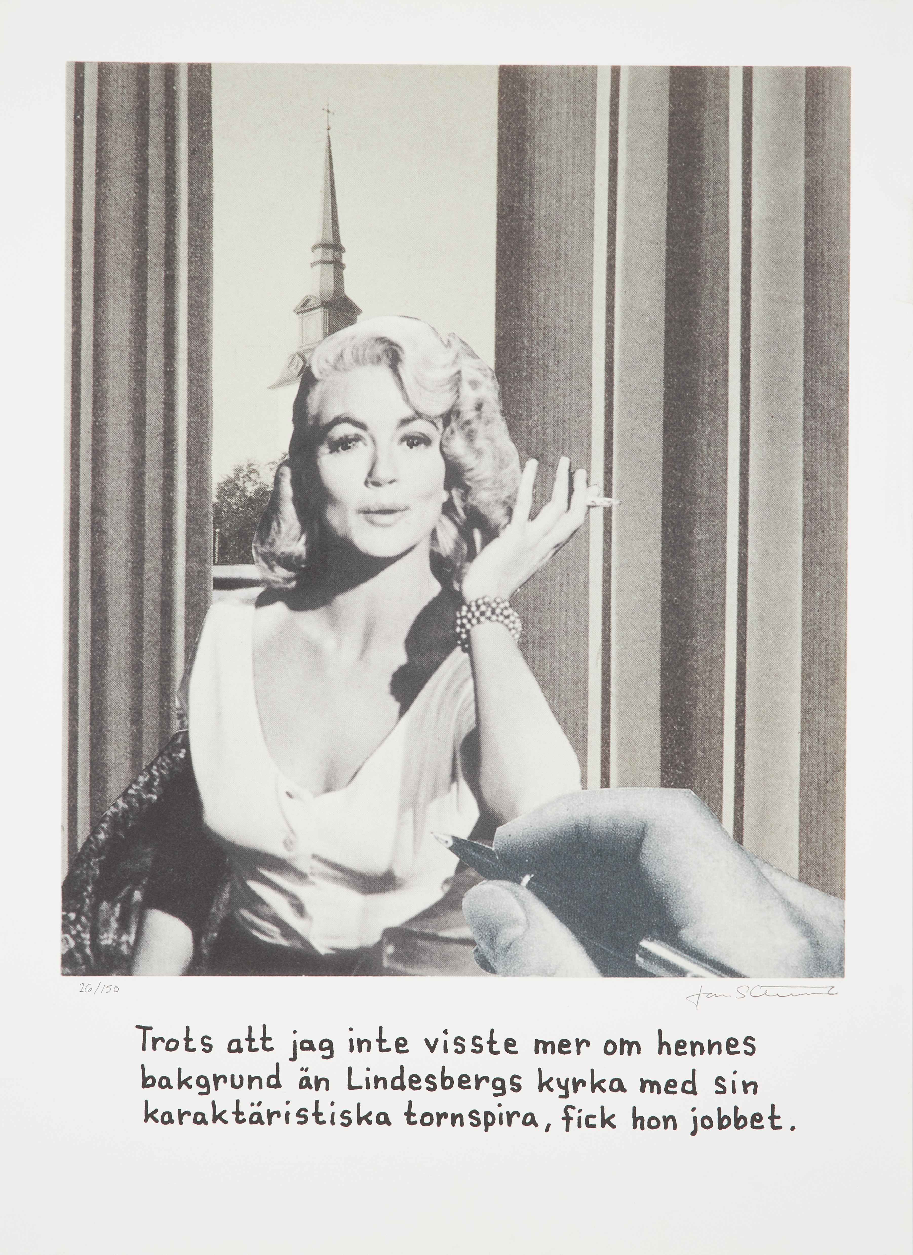 JAN STENMARK (FÖDD 1949). "Trots att jag inte visste mer om hennes bakgrund än Lindesbergs kyrka med sin karaktäristiska tornspira, fick hon jobbet", färgoffset, signerad och numrerad 26/150.