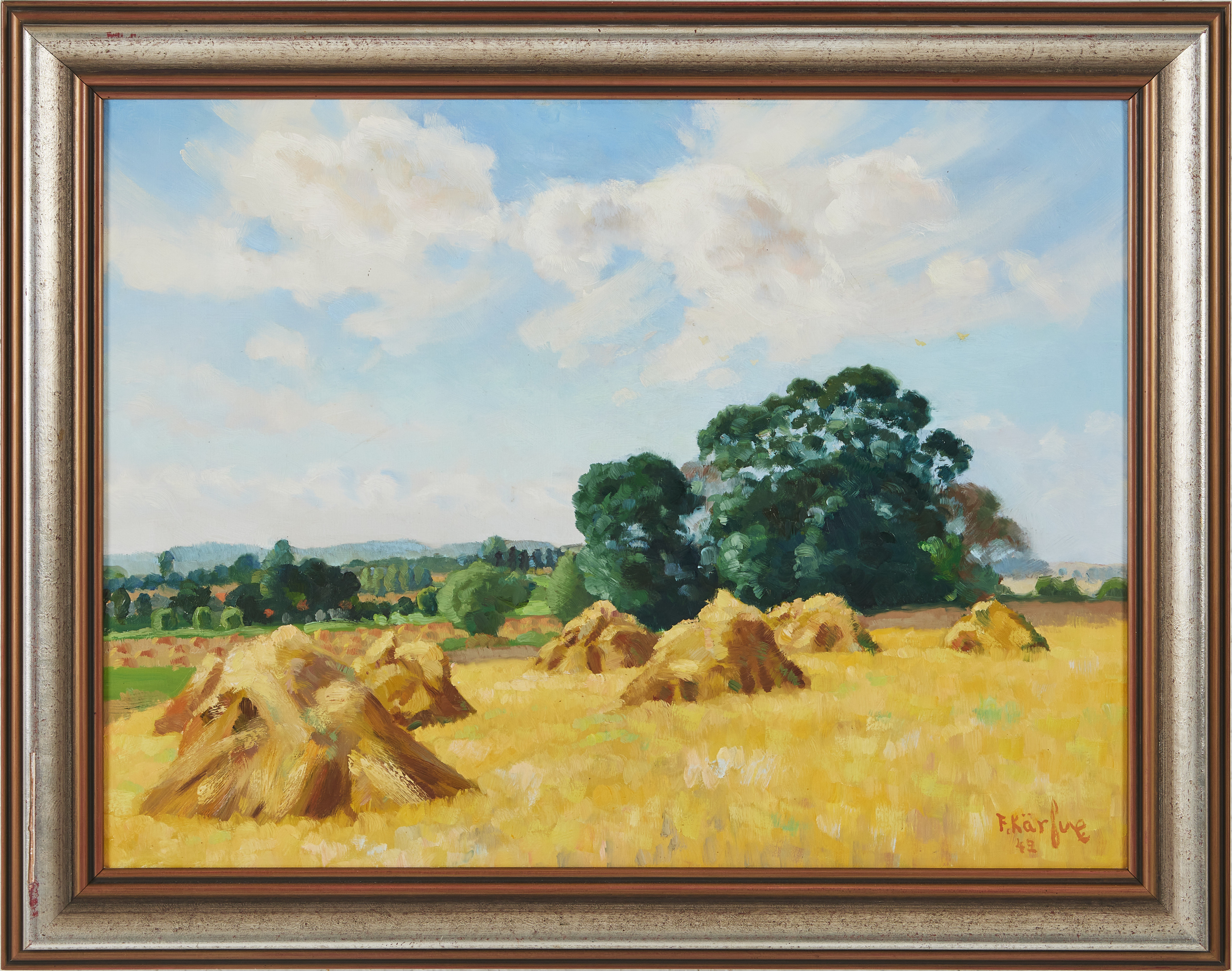 FRITZ KÄRFVE. Landskap med hässjor, signerad och daterad -42, olja på duk.