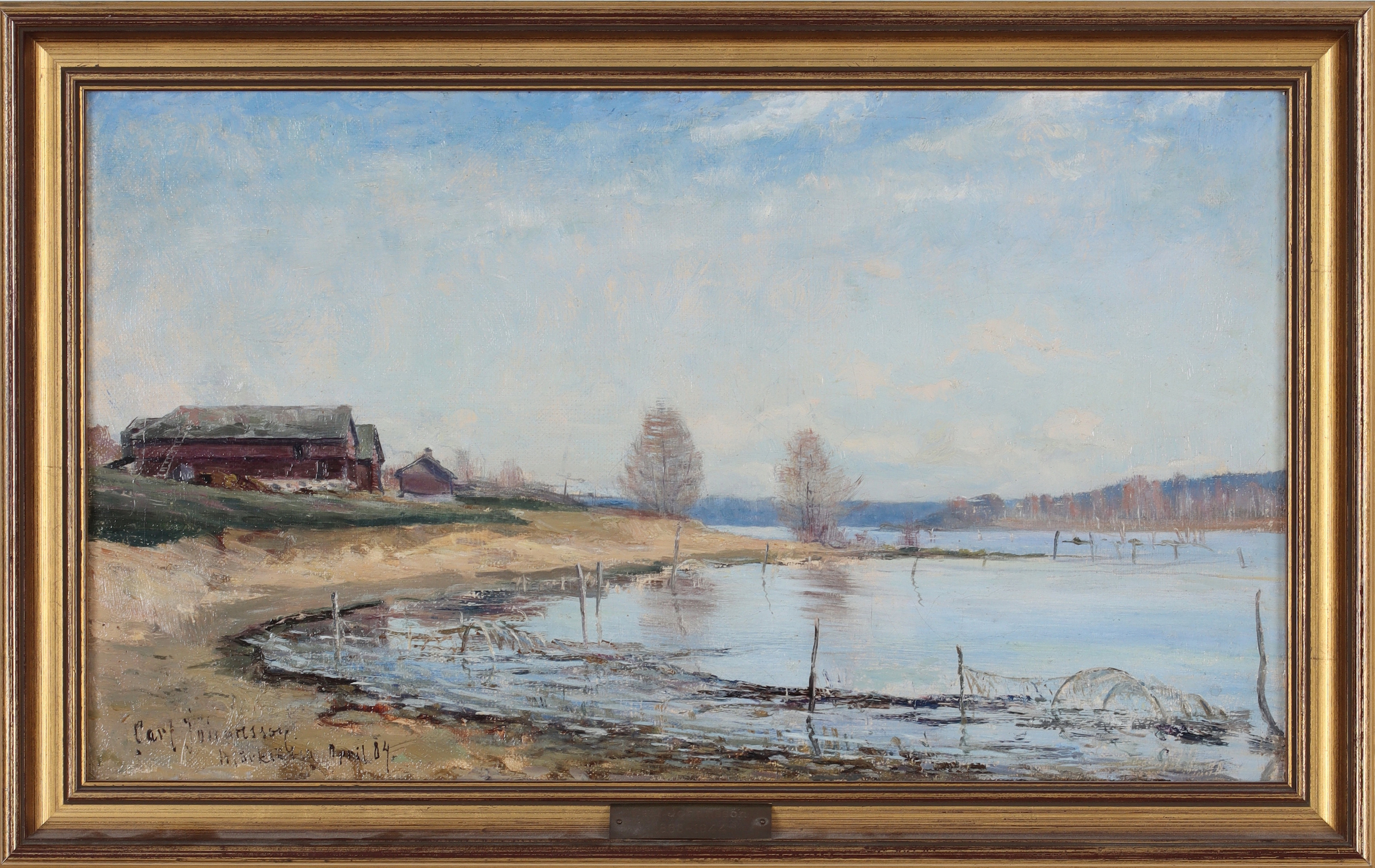 CARL JOHANSSON. Insjölandskap, olja på duk, signerad och daterad April 84.