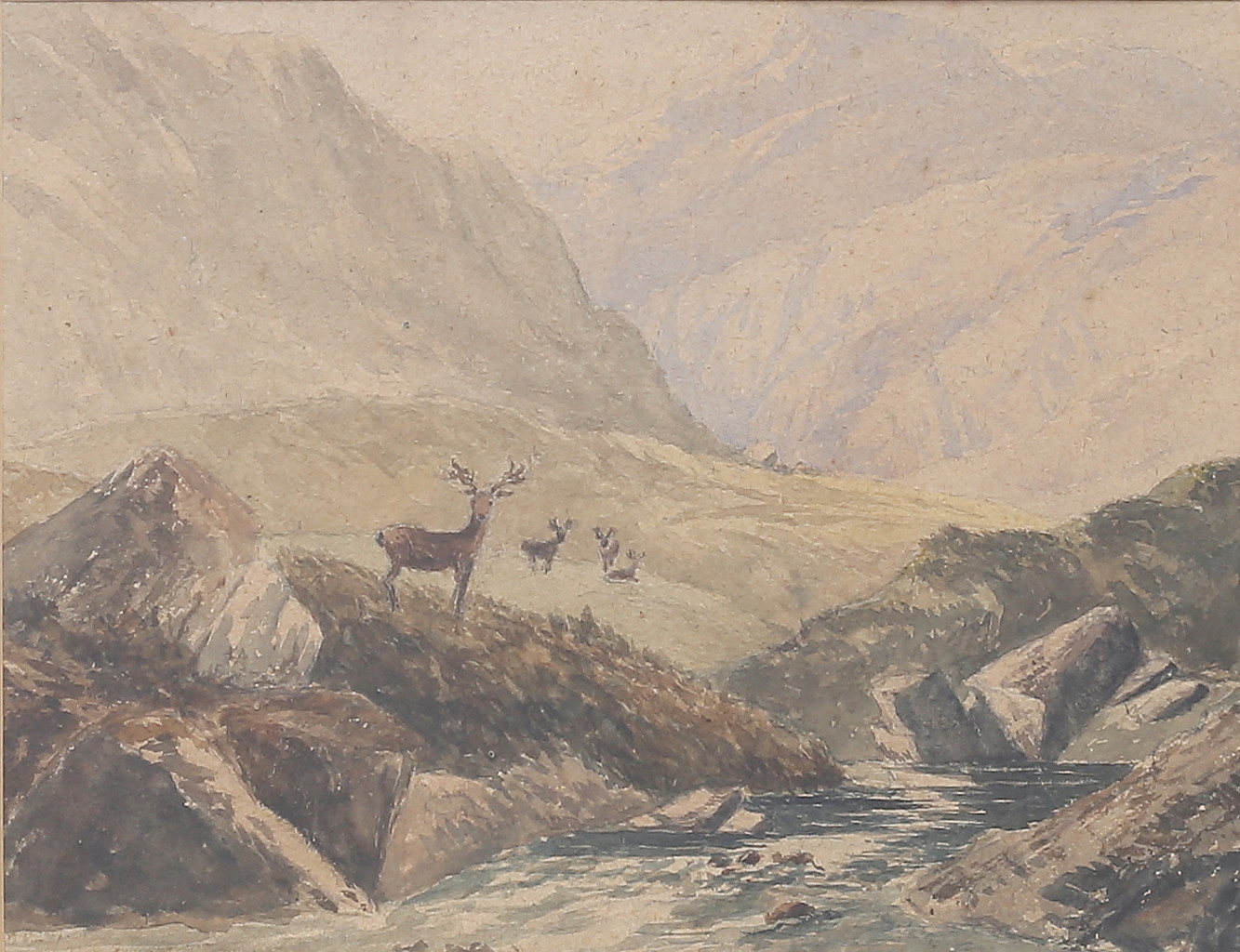 OIDENTIFIERAD KONSTNÄR. Bergslandskap med hjortar. Akvarell, otydligt signerad.