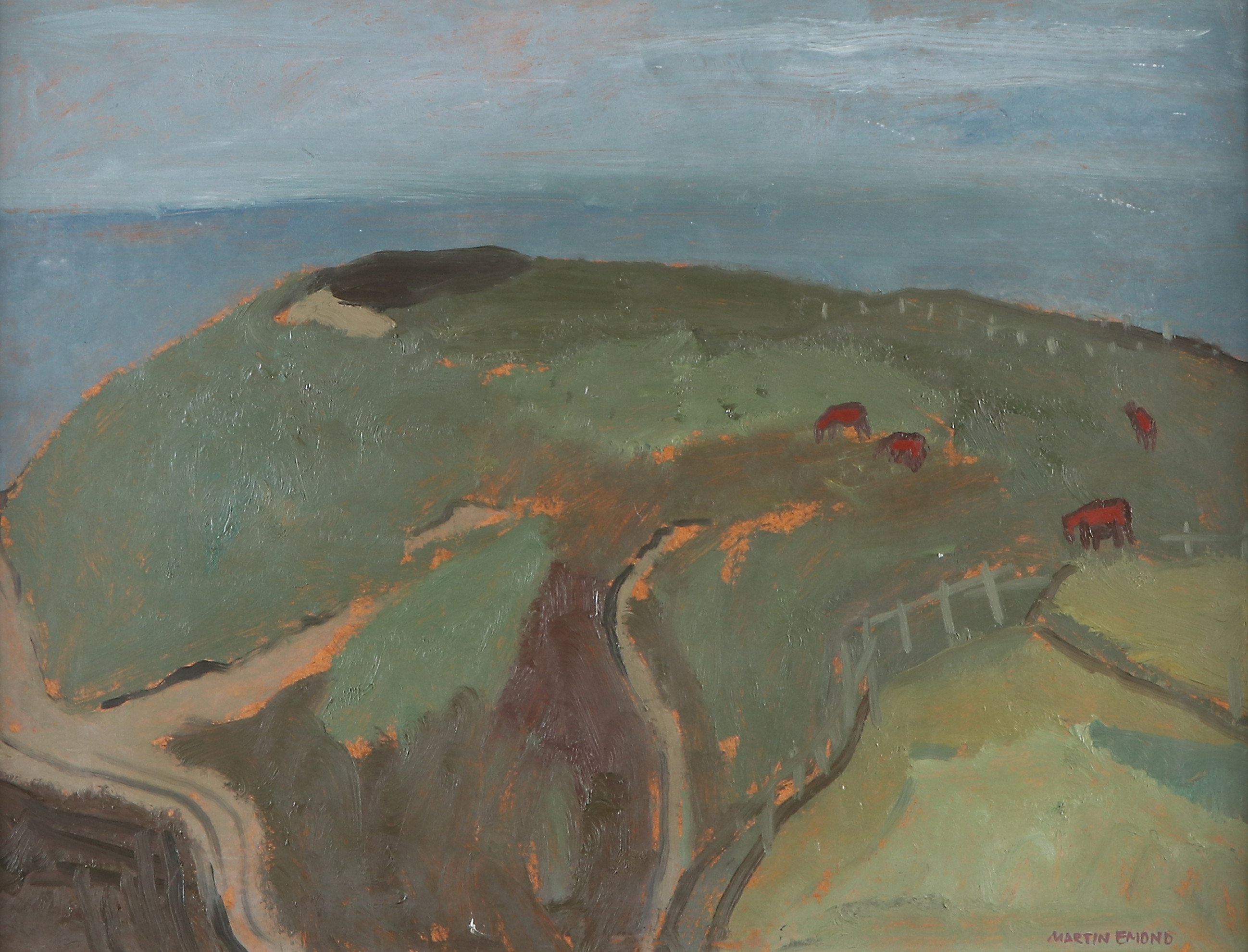 MARTIN EMOND. Oljemålning på pannå. Landskap, troligen Hilleshögs dalar. Signerad.