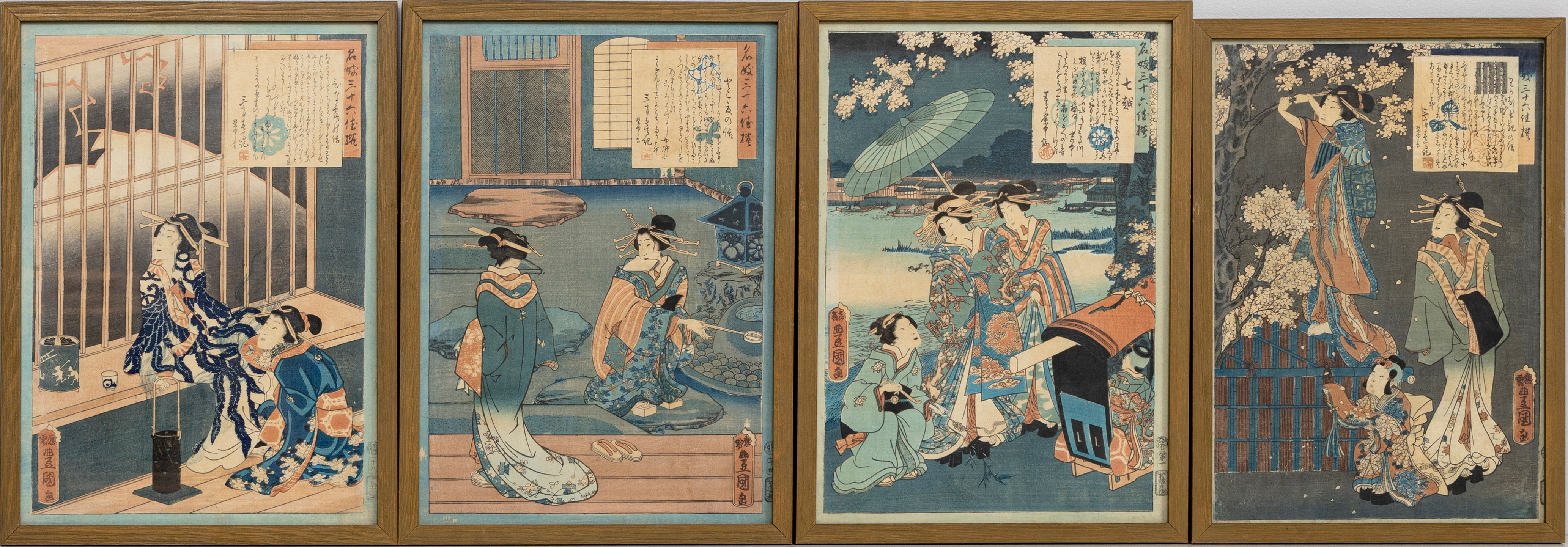 UTAGAWA KUNISADA (1786-1865). (Toyokuni III), 4 st träsnitt, ur serien "Famous Geisha comapared to the 36 poets", Japan.