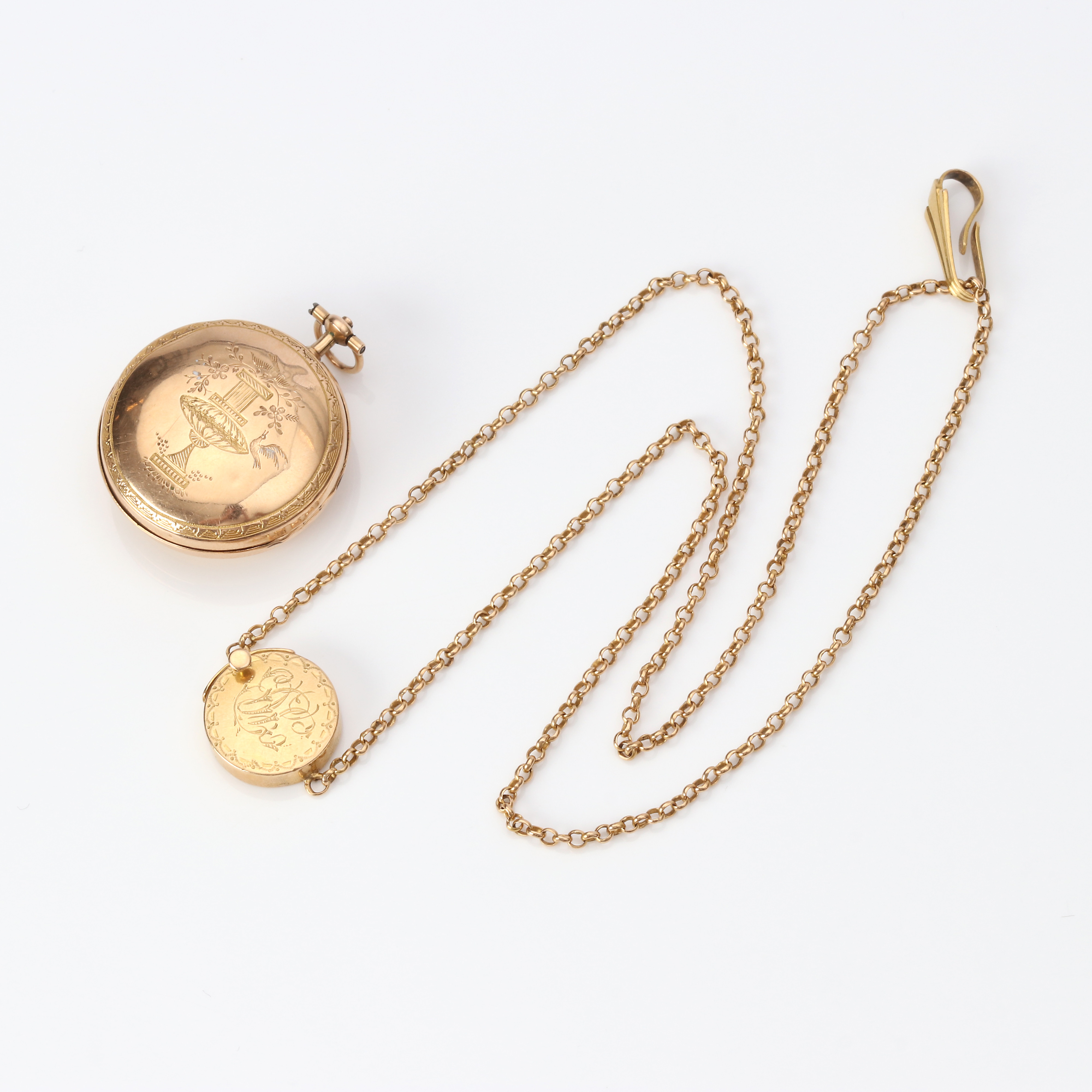 DAMFICKUR, NYCKELDRAGARE. Boett och länk i 18k guld, totalvikt ca 22,5 gram.