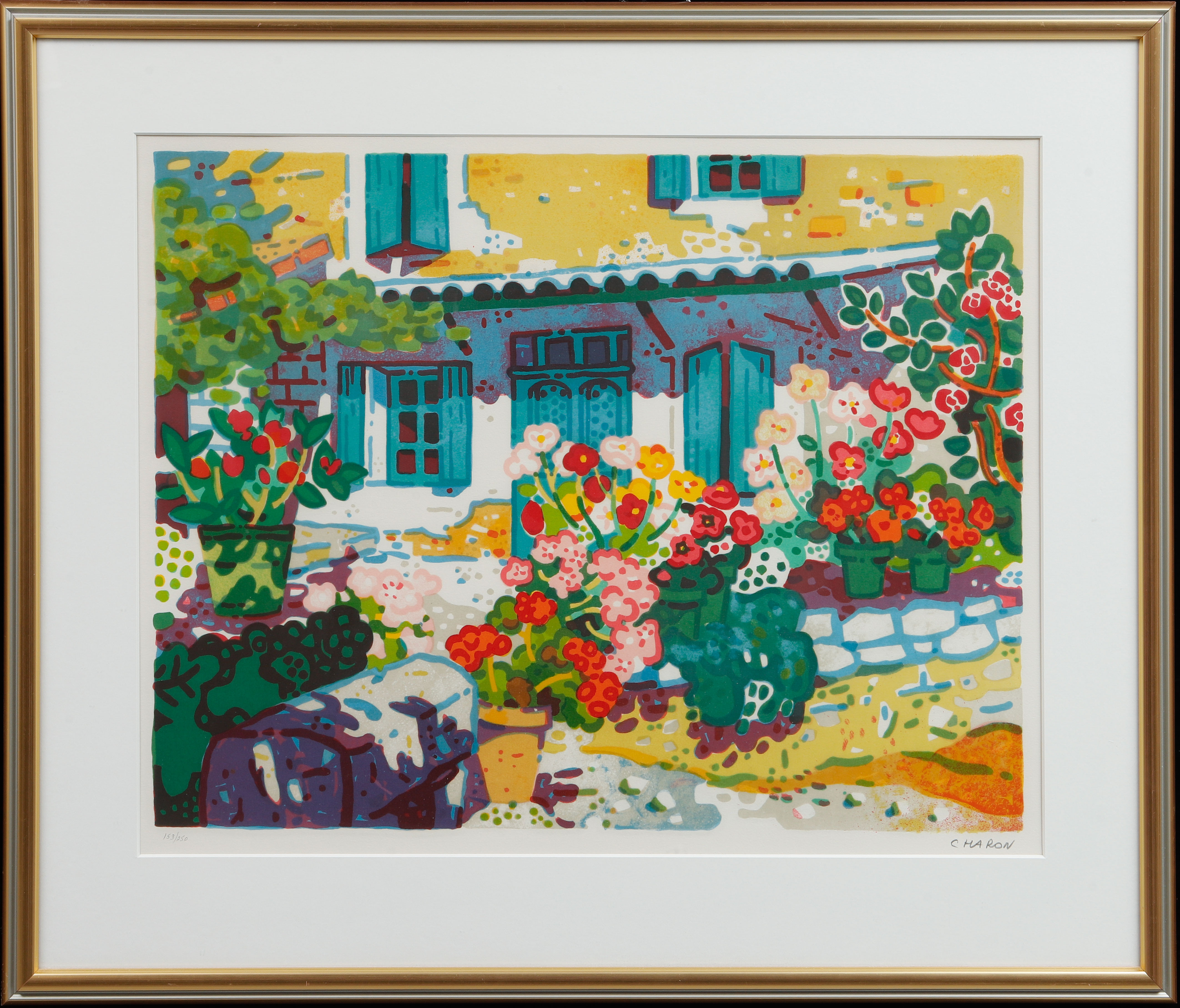 GUY CHARON. Husfasad och blommor, färglitografi, signerad samt numrerad 153/250.