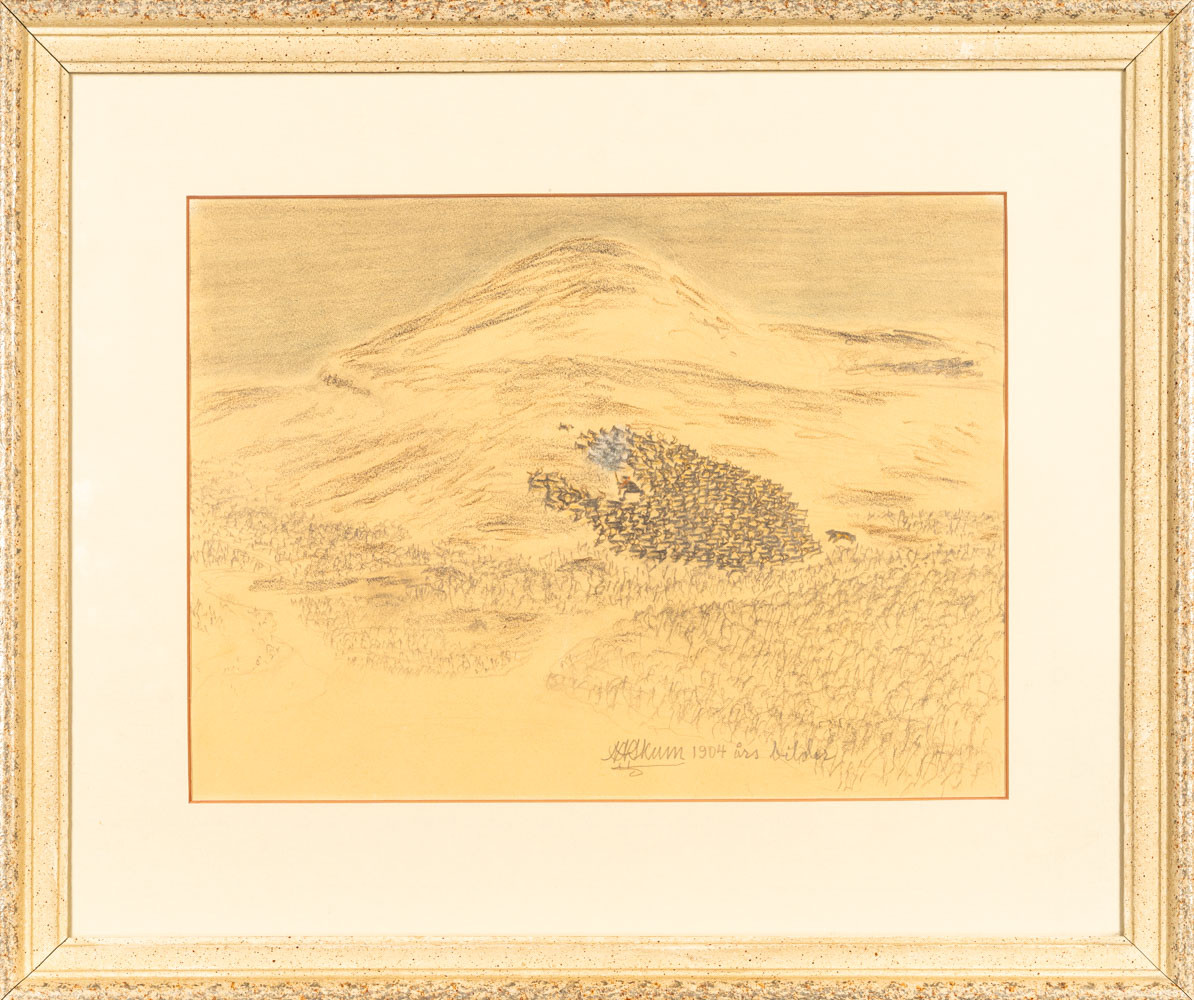 NILS NILSSON SKUM. Blandteknik på papper, "Krutrök", Signerad, 1904.