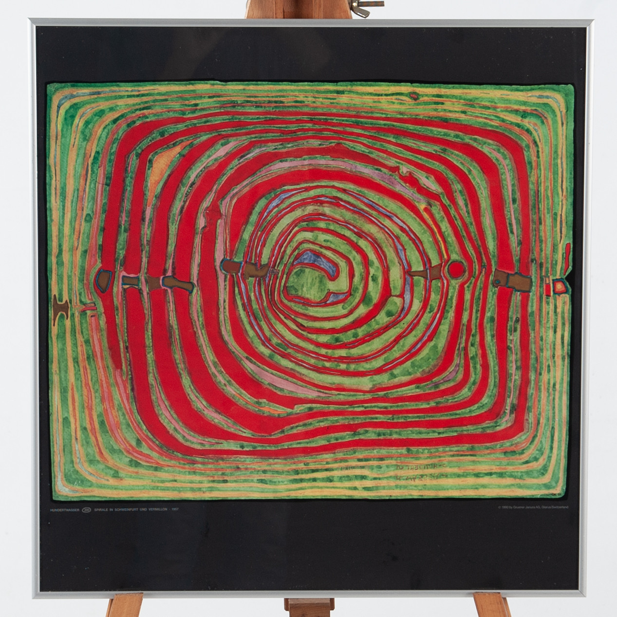 FRIEDENSREICH HUNDERTWASSER. Offsettryck, Hundertwasser 300 SPIRALE IN SCHWEINFURT UND VERMILLON - 1957, 1990 by Gruener Janura AG, Glarus/Switzerland.