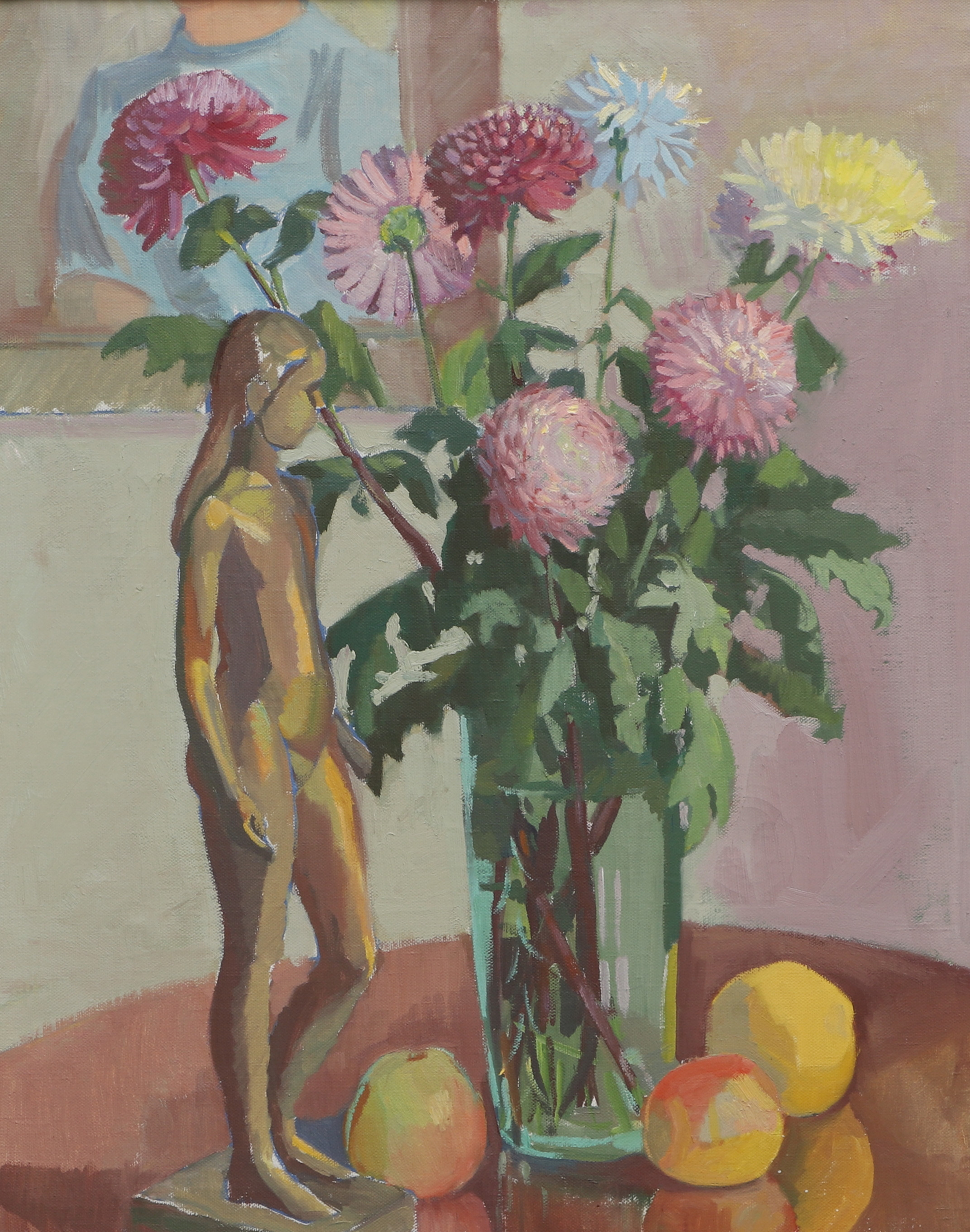 OKÄND KONSTNÄR. Olja på duk, stilleben med statyett och blommor, osignerad.