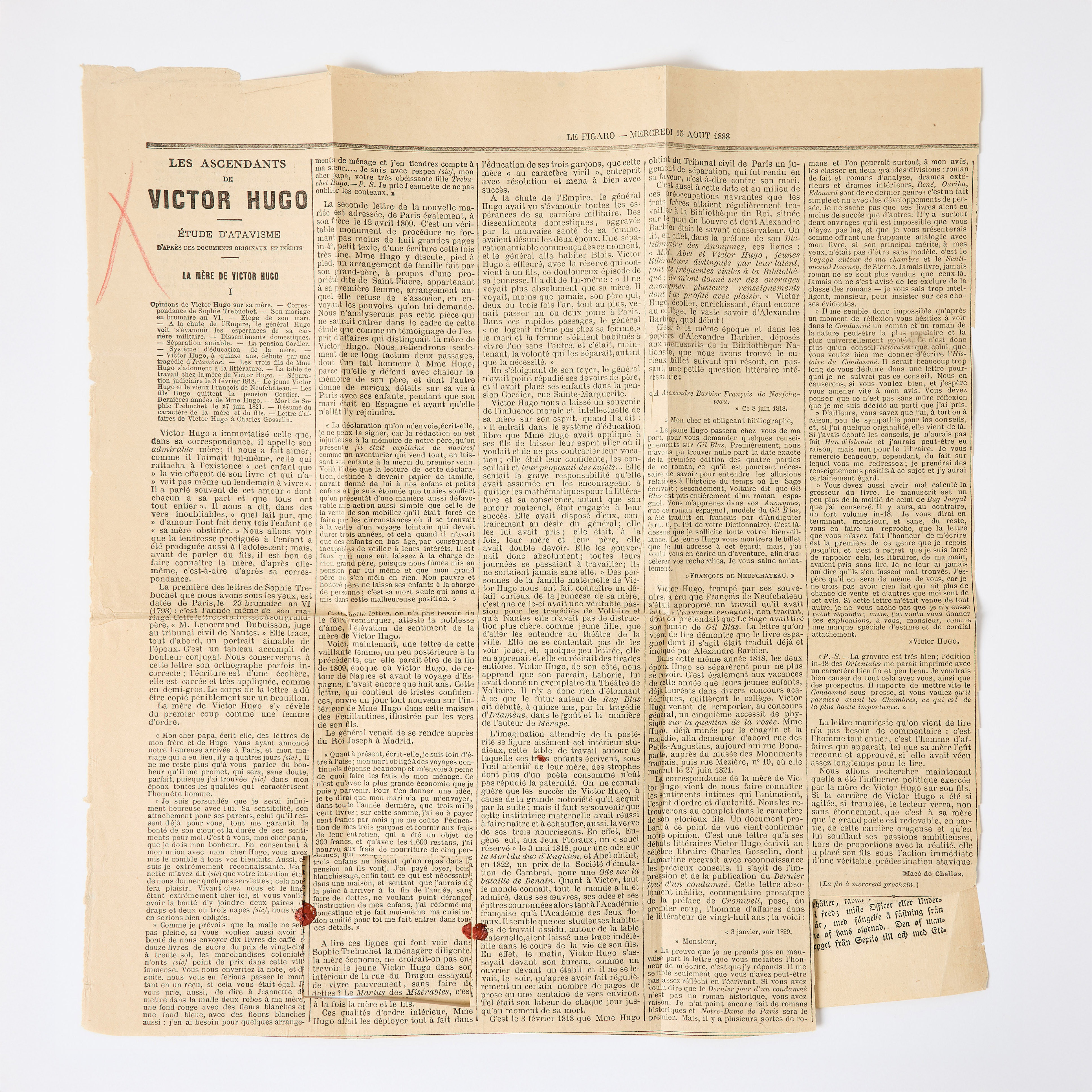 STRINDBERG - TIDNINGSURKLIPP UR LE FIGARO, 15 augusti 1888.