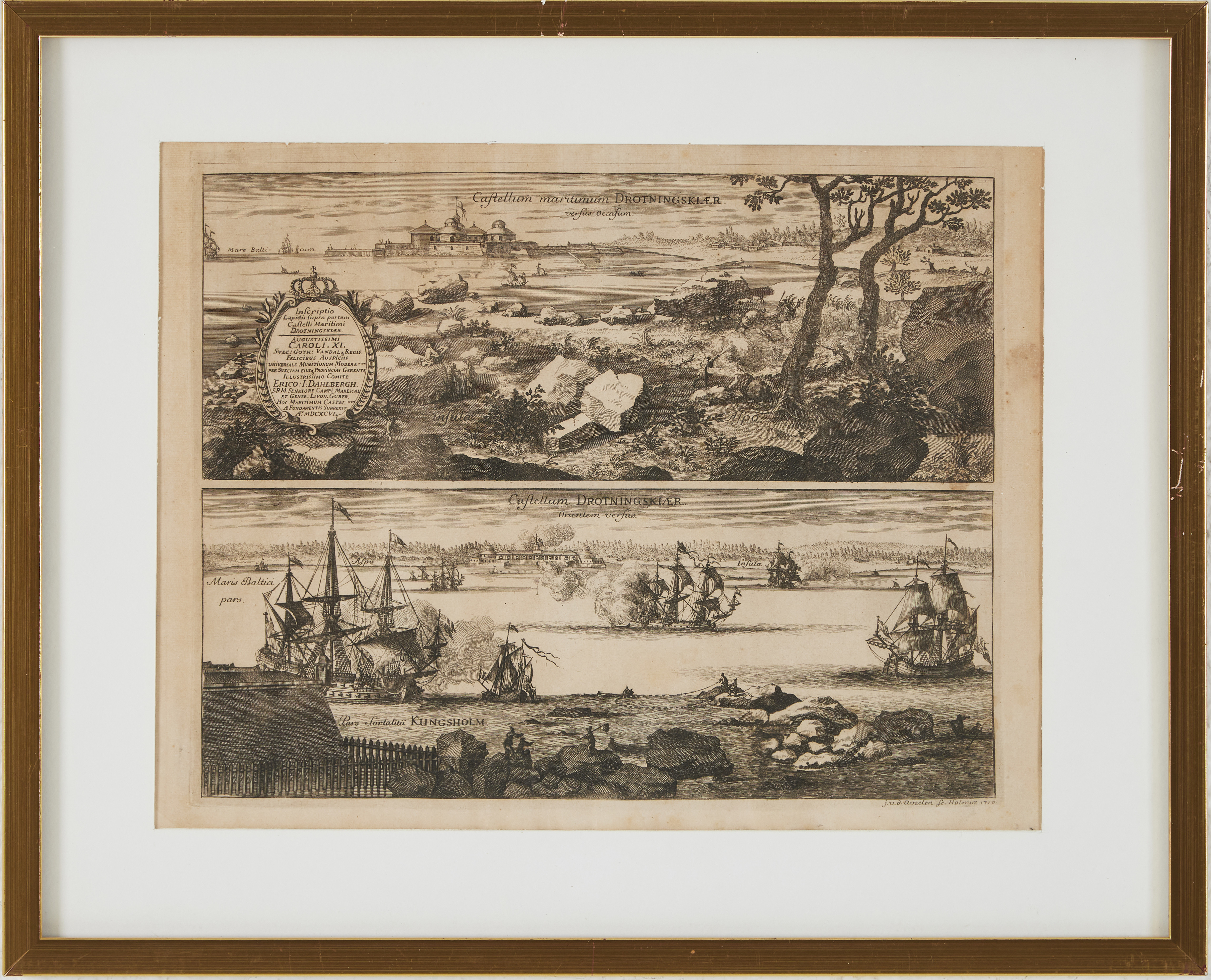 JOHANNES VAN DER AVEELEN. Vyer över Drottningskär, "Castellum Maritimum Drottningskiær Versus Occasum", daterad i trycket 1710.