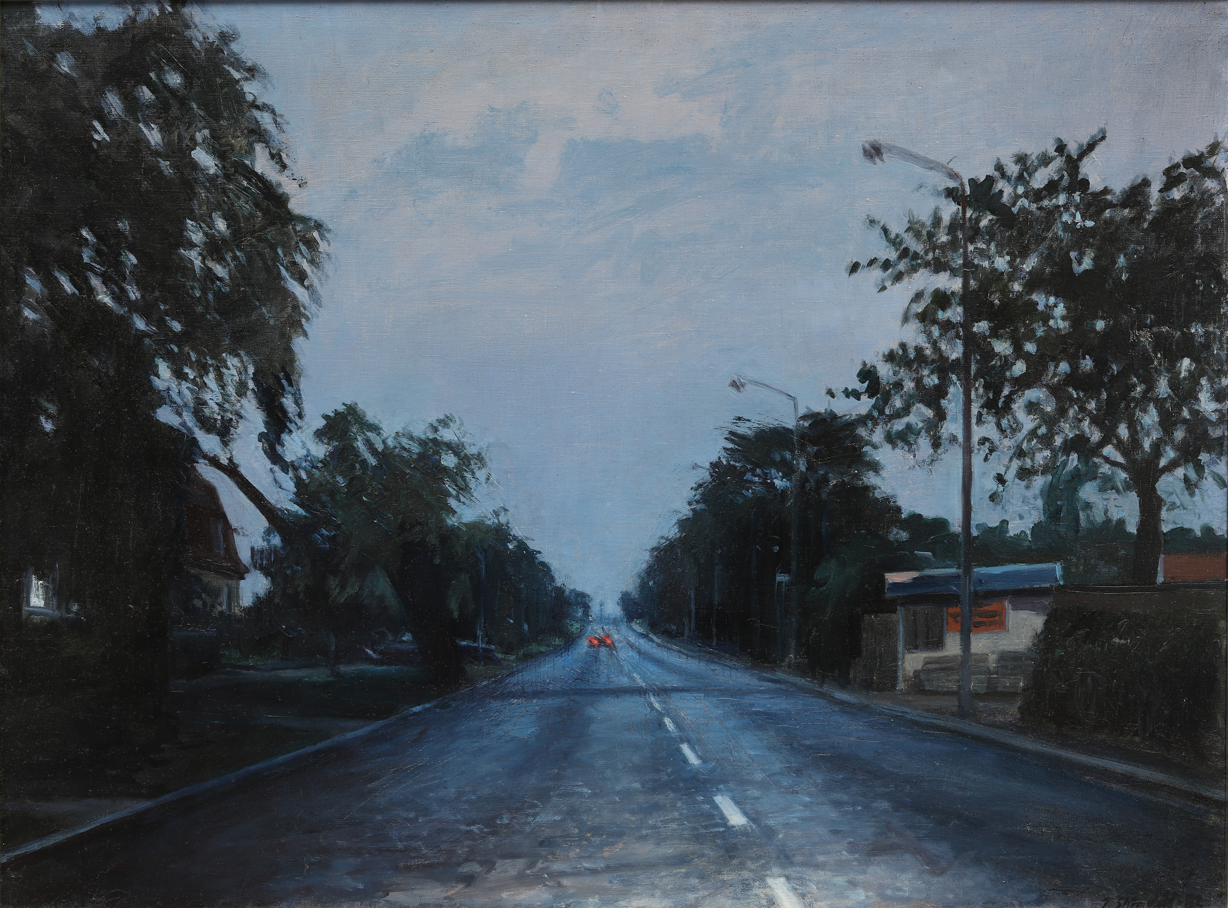THOMAS STRÖMDAHL. Väg genom villaområde, troligen Malmö, olja på duk, signerad och daterad -82.