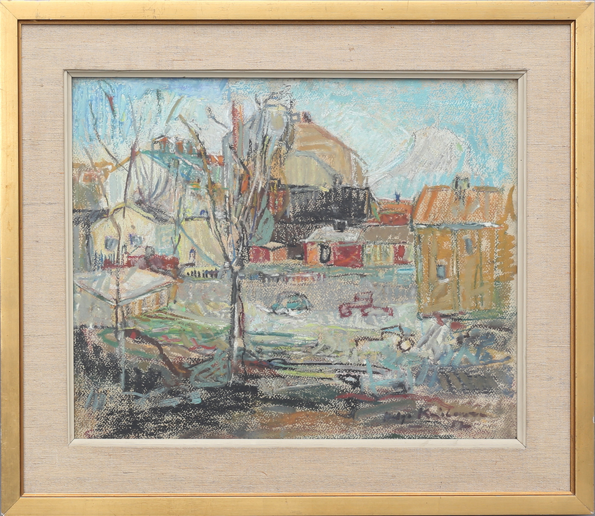 HELGA KAI-LARSEN. "Söderkåkar". Pastell på pappannå, signerad och daterad -57.