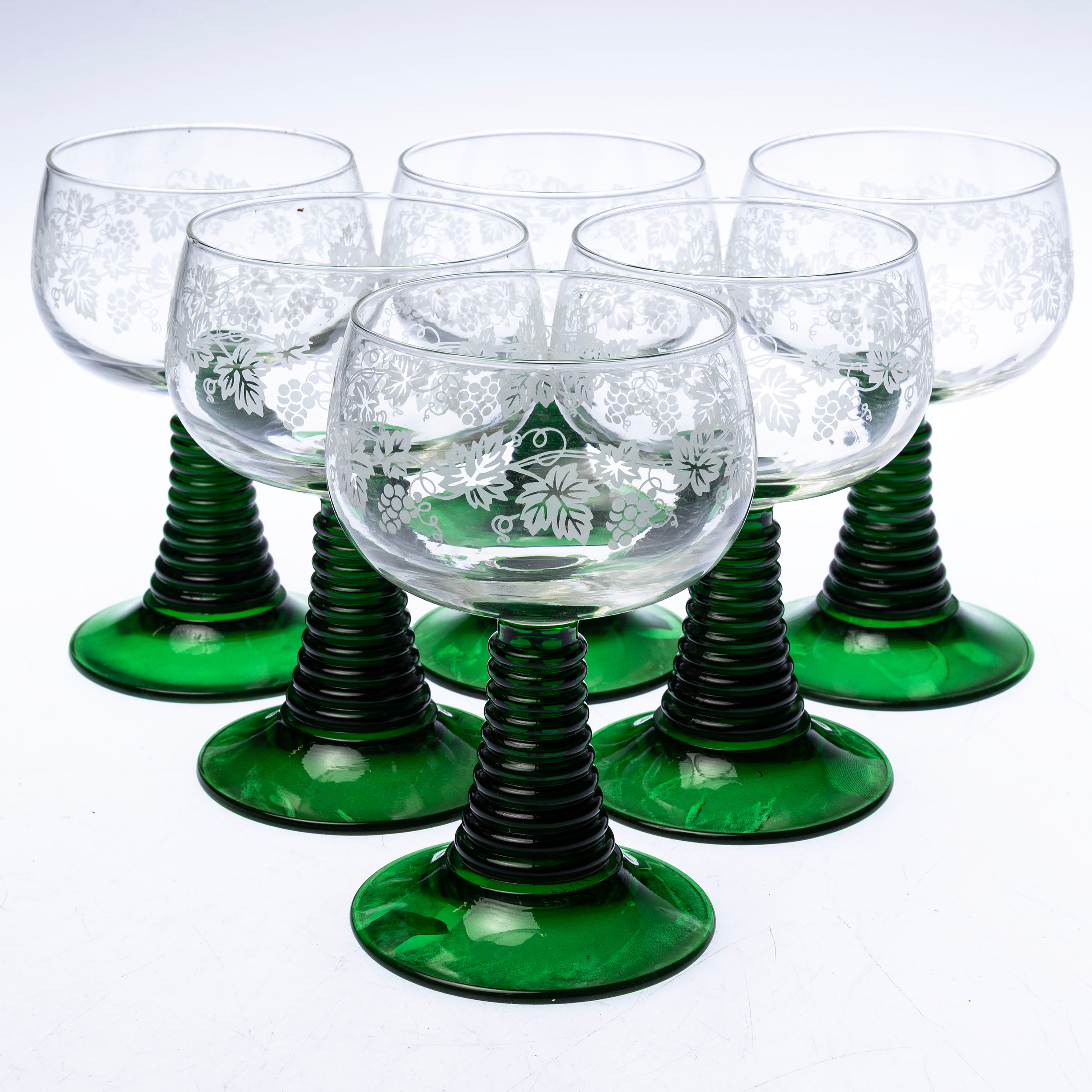 VINGLAS, 6 st, s.k remmare med druvdekor.