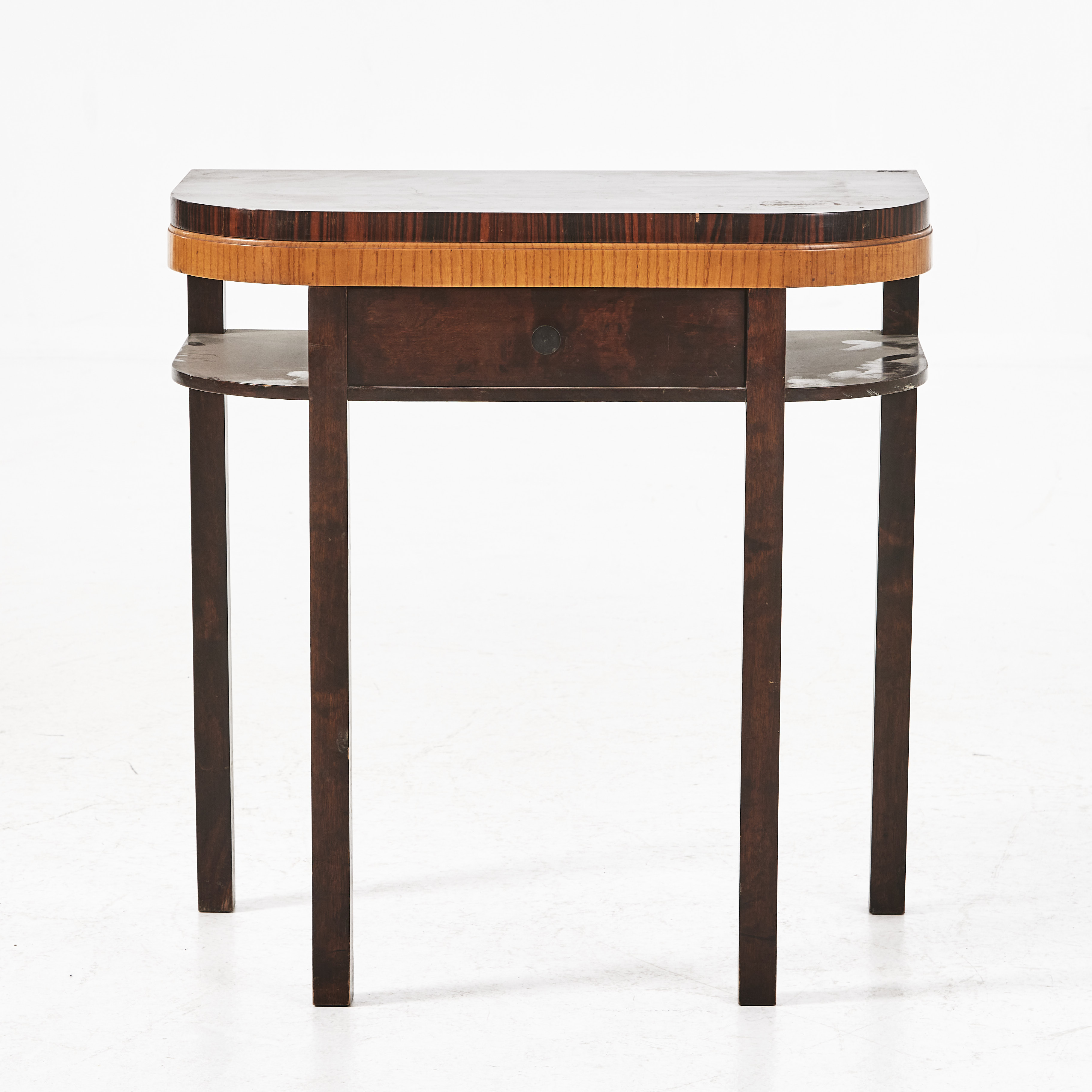 KONSOLBORD med låda, art deco, 1930-tal, fanerad i betsad björk, zebrano och alm.