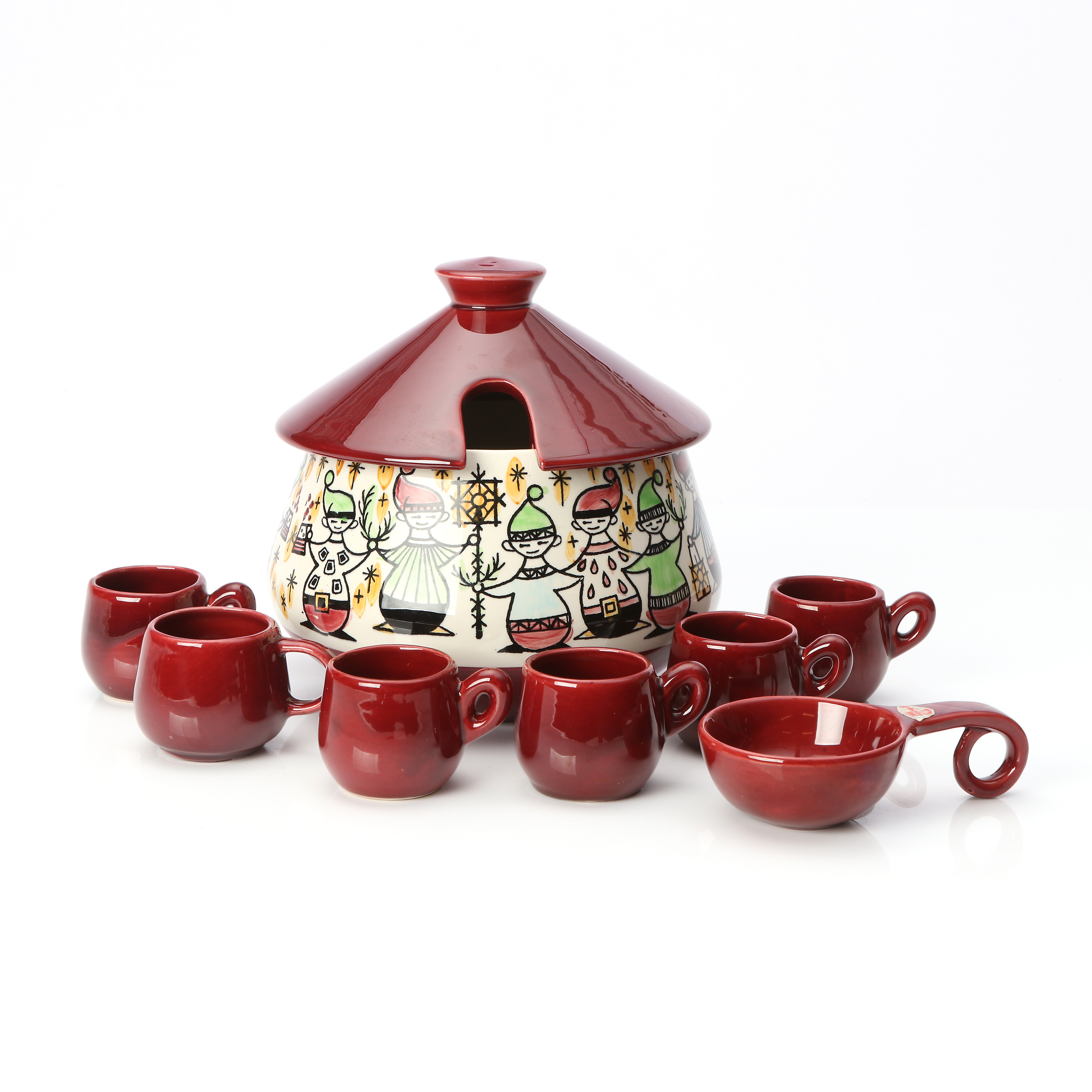 JIE, GLÖGGSET, ÅTTA DELAR. Keramik. Glögggryta med slev samt 6 muggar. 1900-tal.