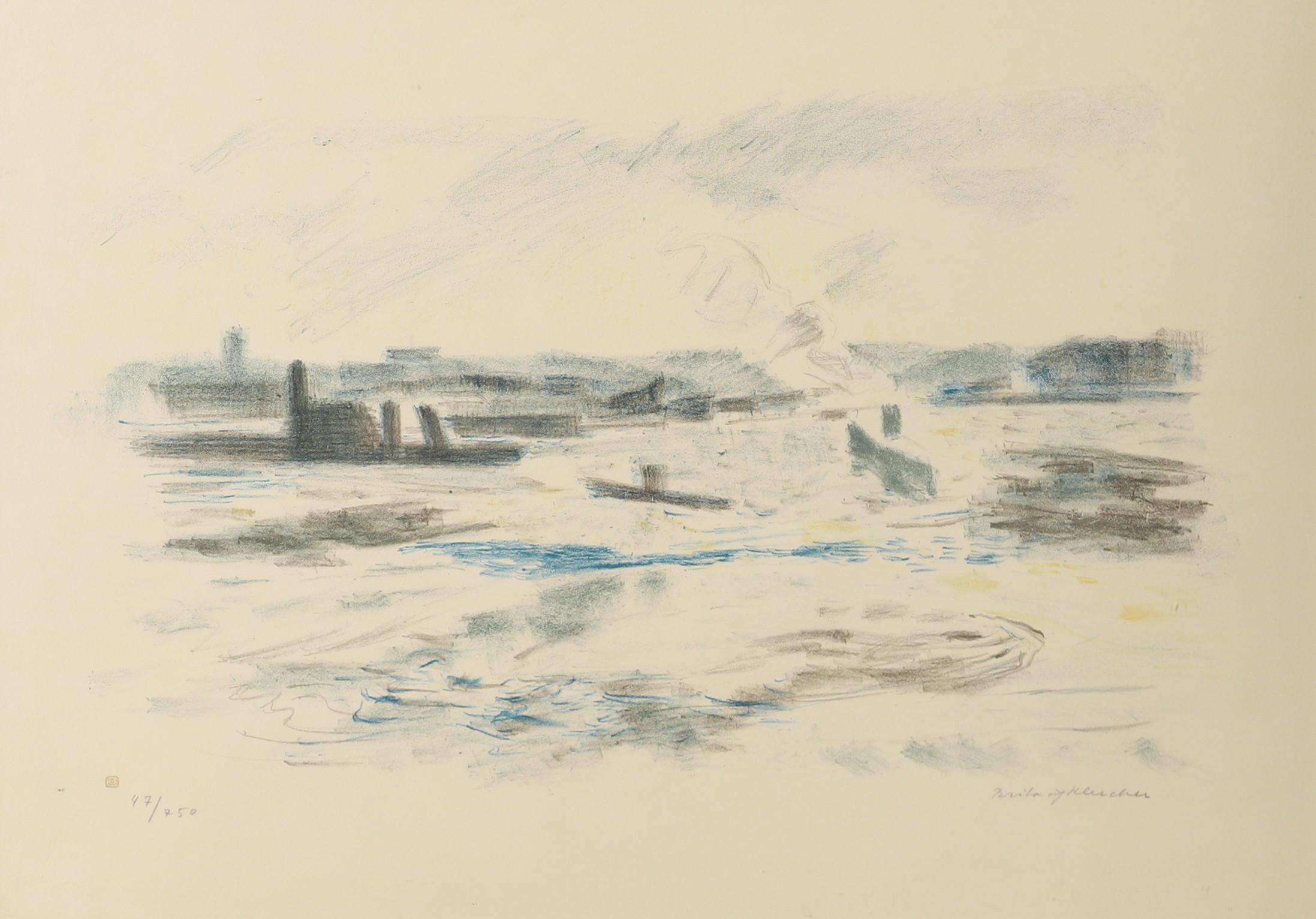 BRITA AF KLERCKER. Kustlandskap, färglitografi, signerad.