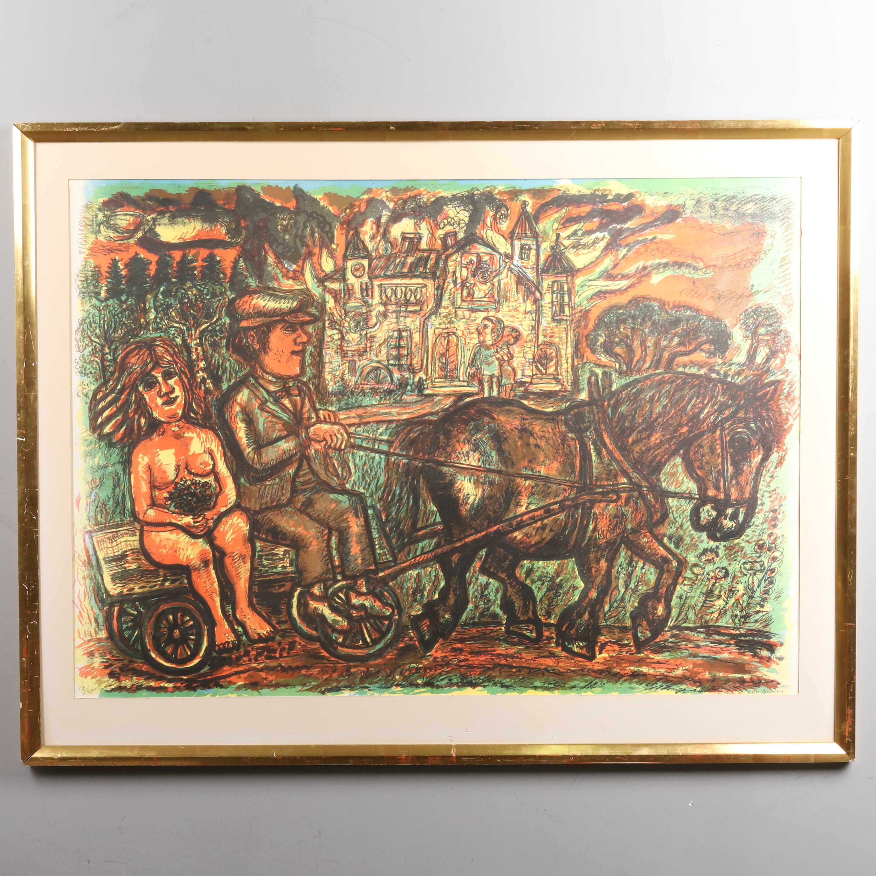 OLLE NORDBERG. FÄRGLITOGRAFI "Hästtransport", signerad, numrerad 32/40, 1972.