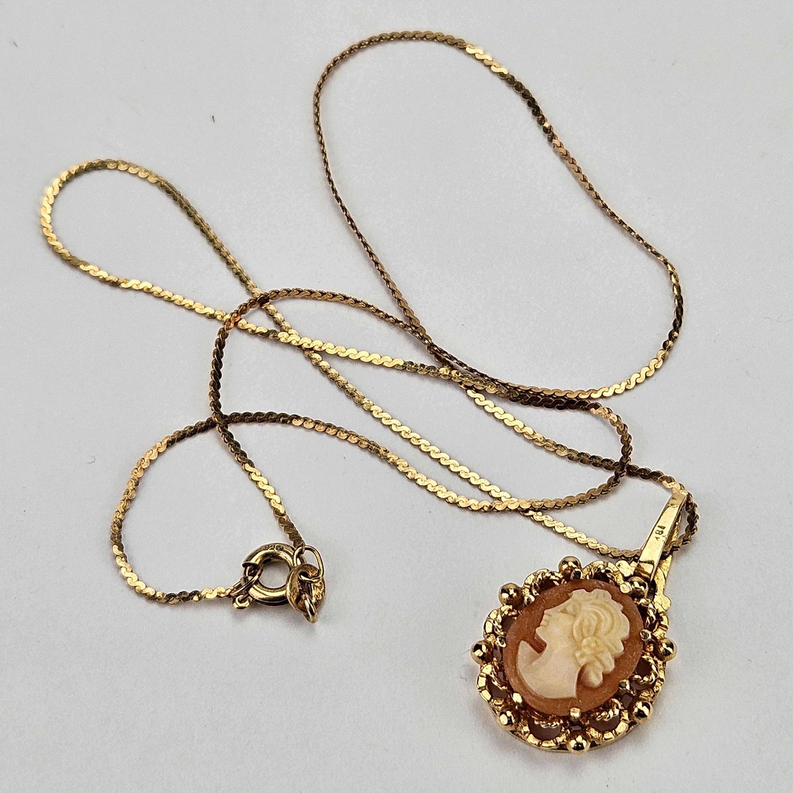 HÄNGE, guld, 18K, med came, total vikt ca. 3 gram, HALSKEDJA, förgyllt silver.
