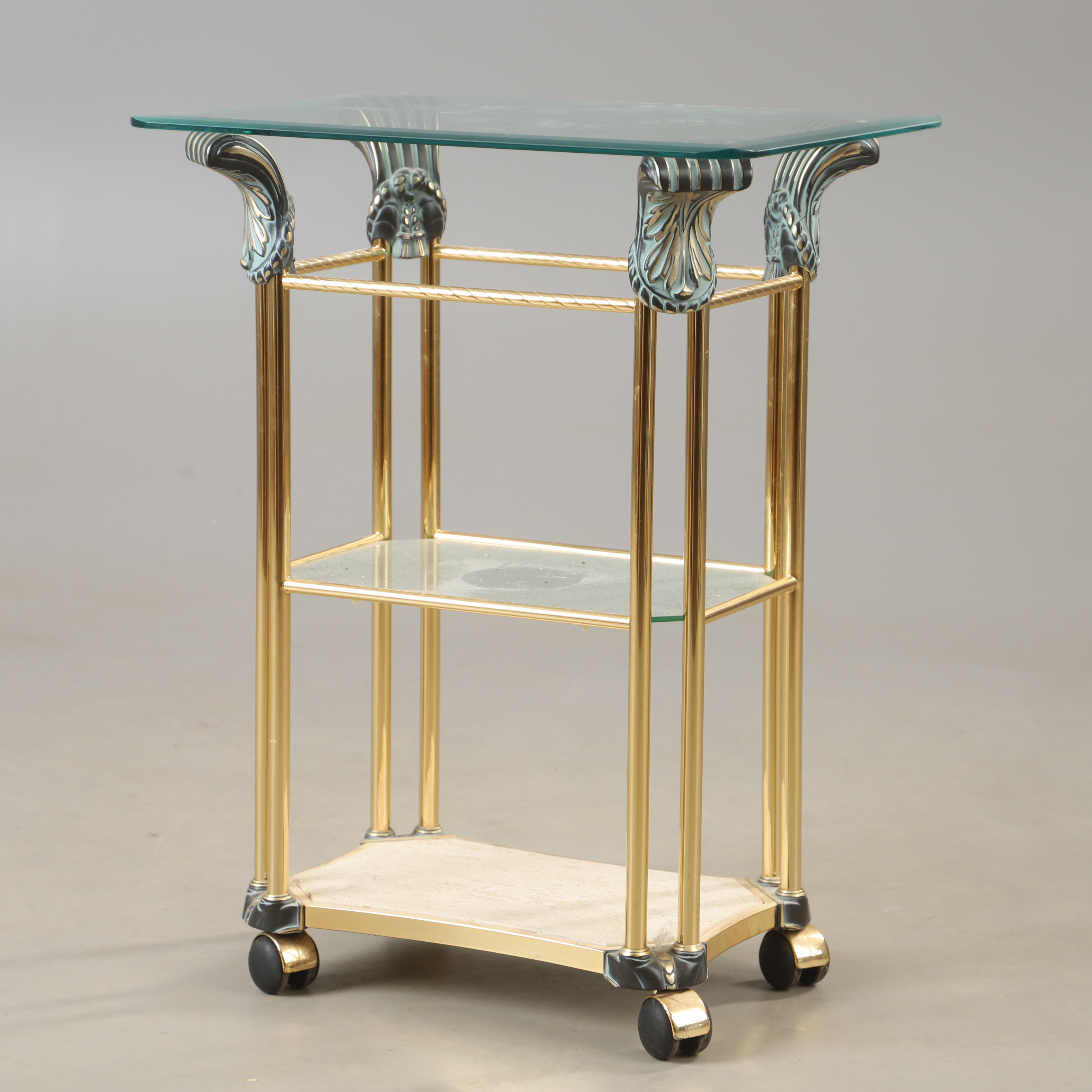 SIDOBORD, mässing, travertin och glas, 1900-talets andra hälft.