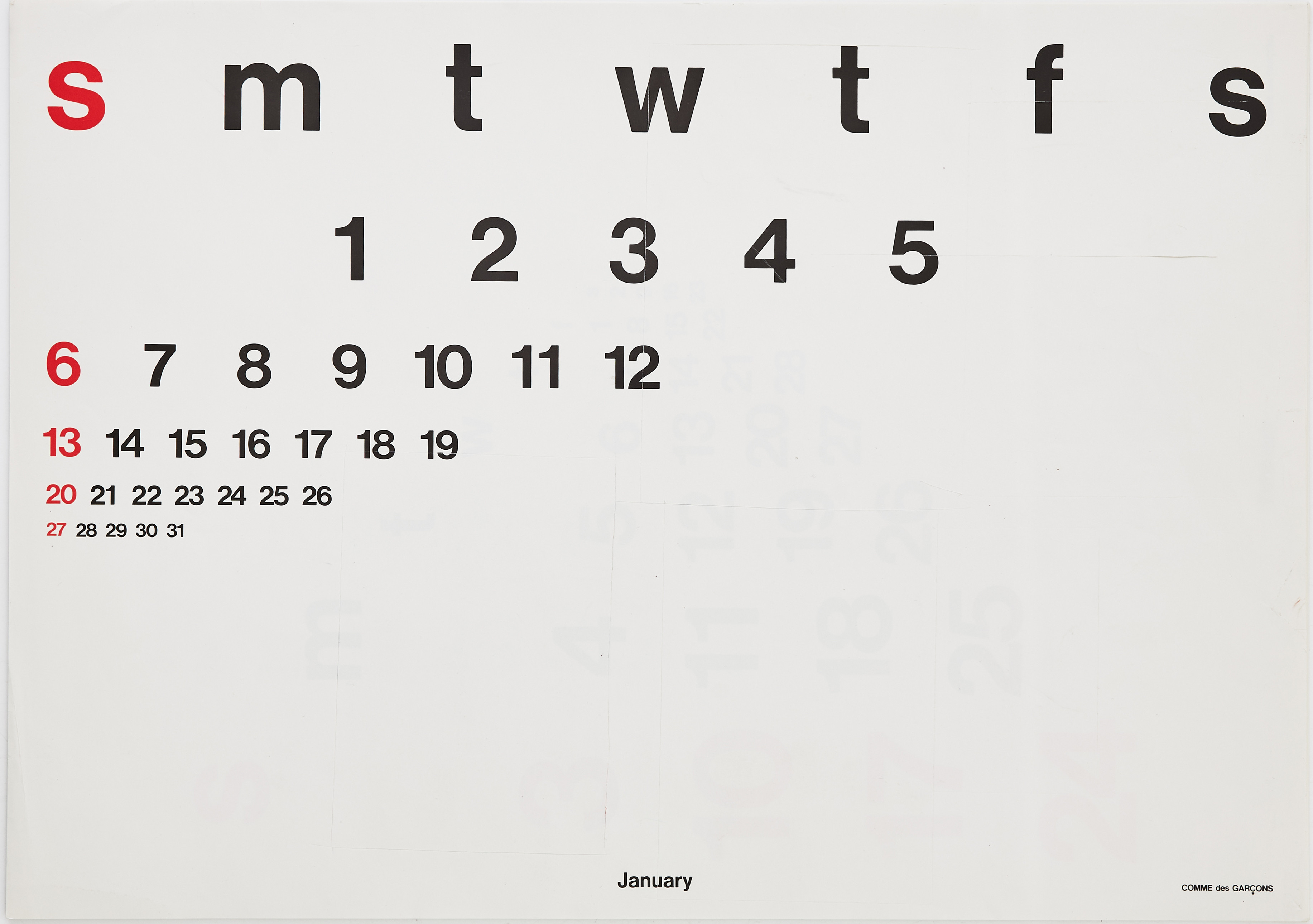 REI KAWAKUBO. kalender, 12 blad, Comme des Garçons, 1991.