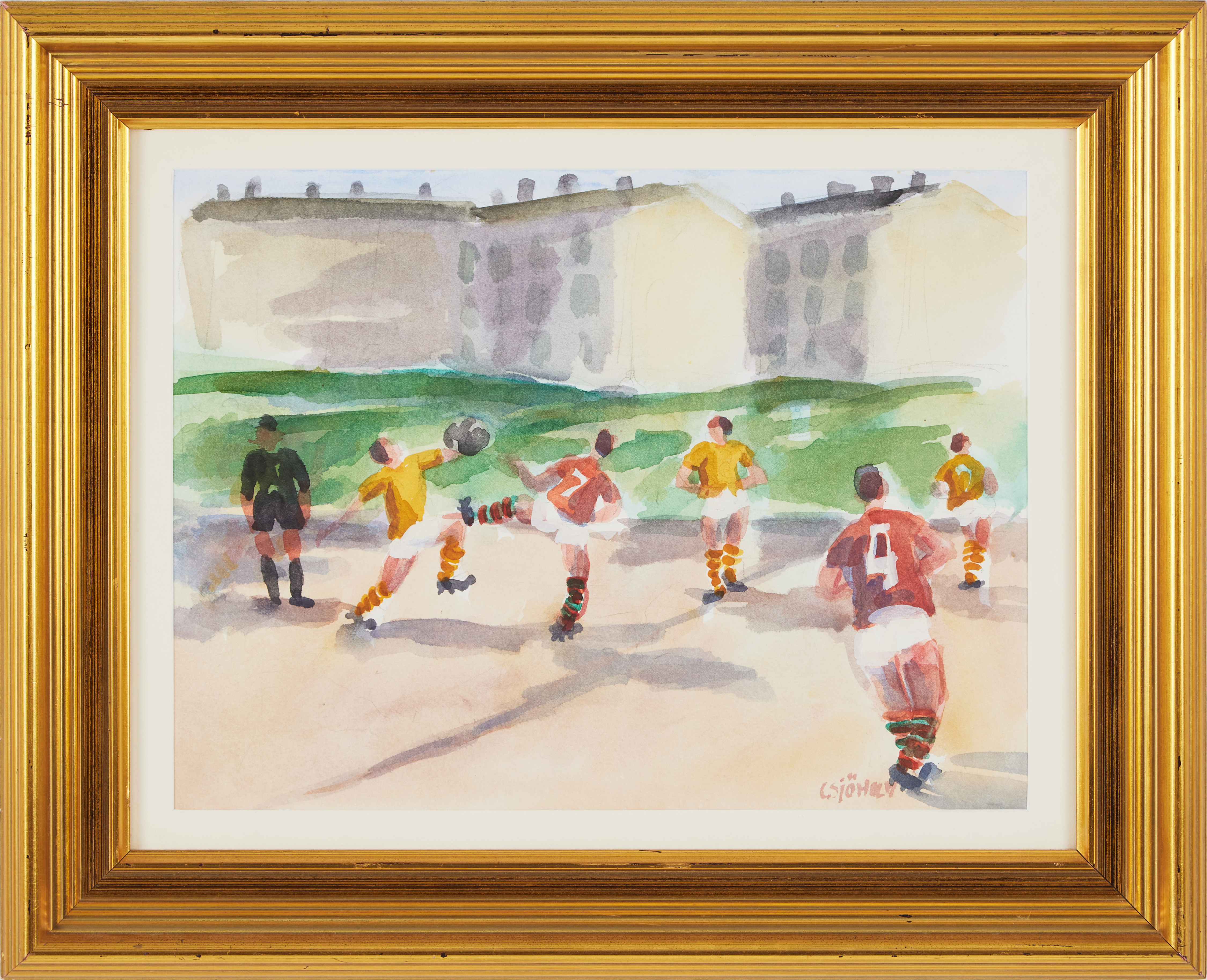CHARLES SJÖHOLM. fotbollsmatch, akvarell på papper, signerad.