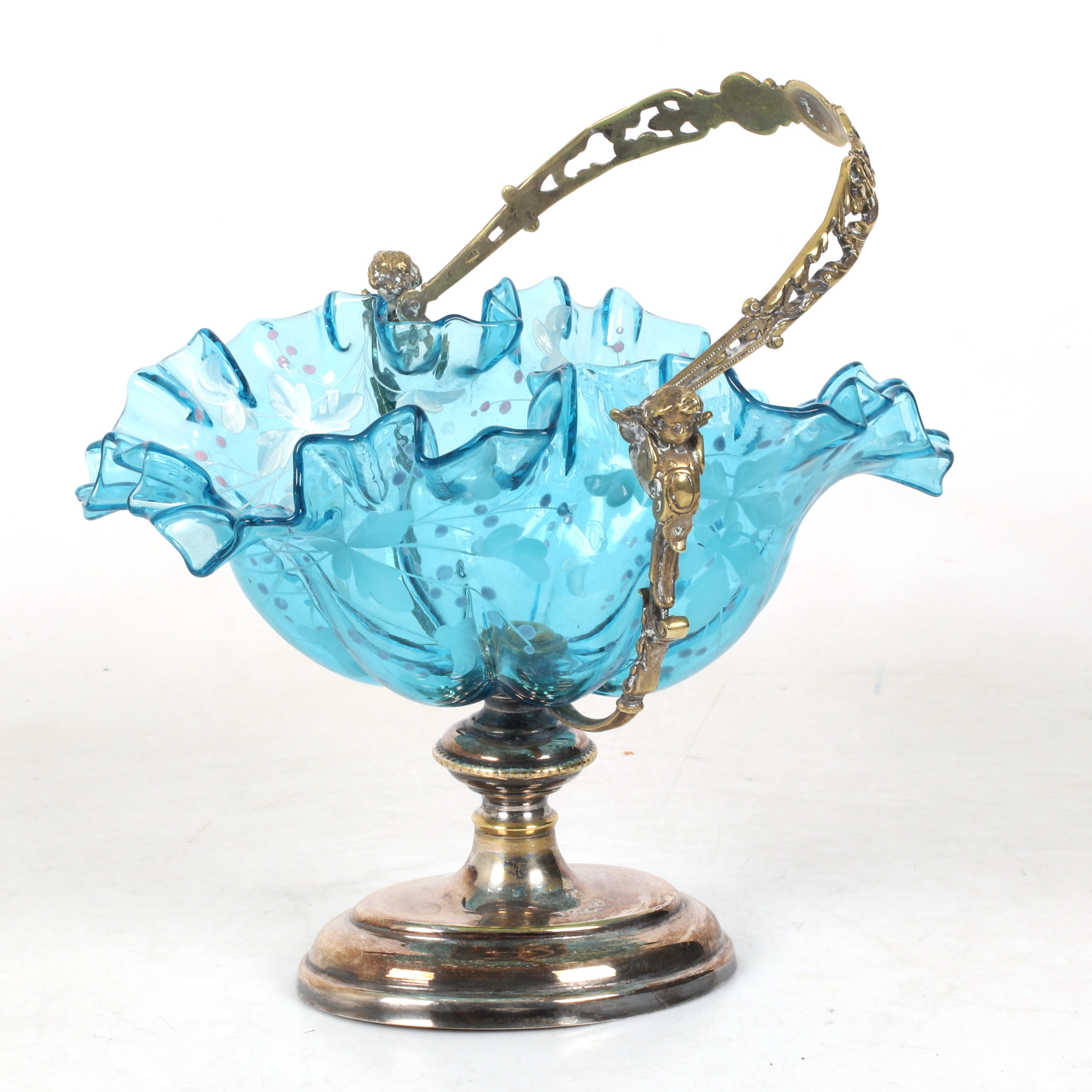 SKÅL, på fot, nysilver med glasskål, 18/1900-tal.