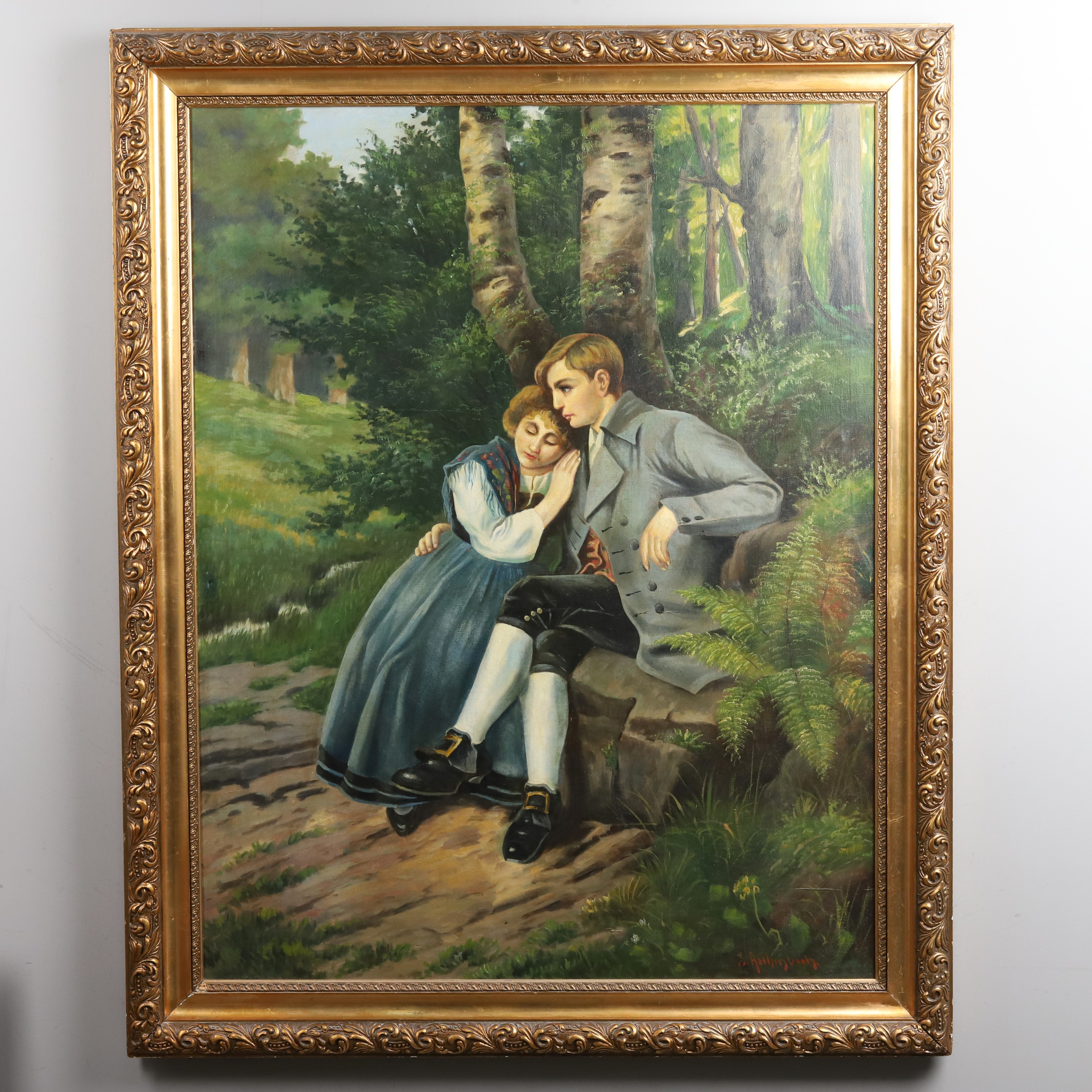 ERNST ASCHENBACH. OLJA PÅ DUK "Par vid skogsglänta", signerad.