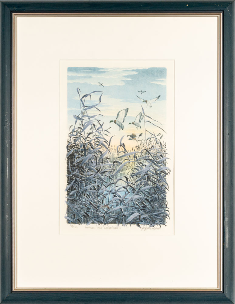 HAG HANS ENGSTEDT. Färglitografi, "Morgon med gräsänder".