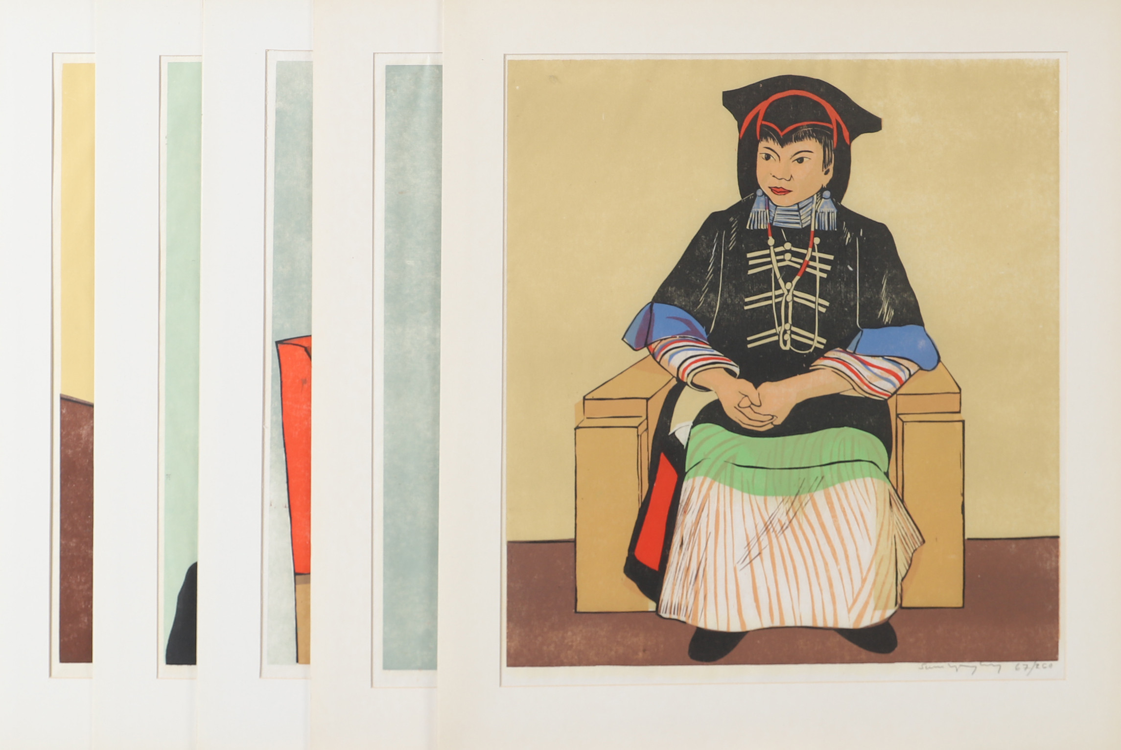 SVEN LJUNGBERG. "Fem ungdomar från minoritertsinstitutet i Kunming", färgträsnitt, signerad.