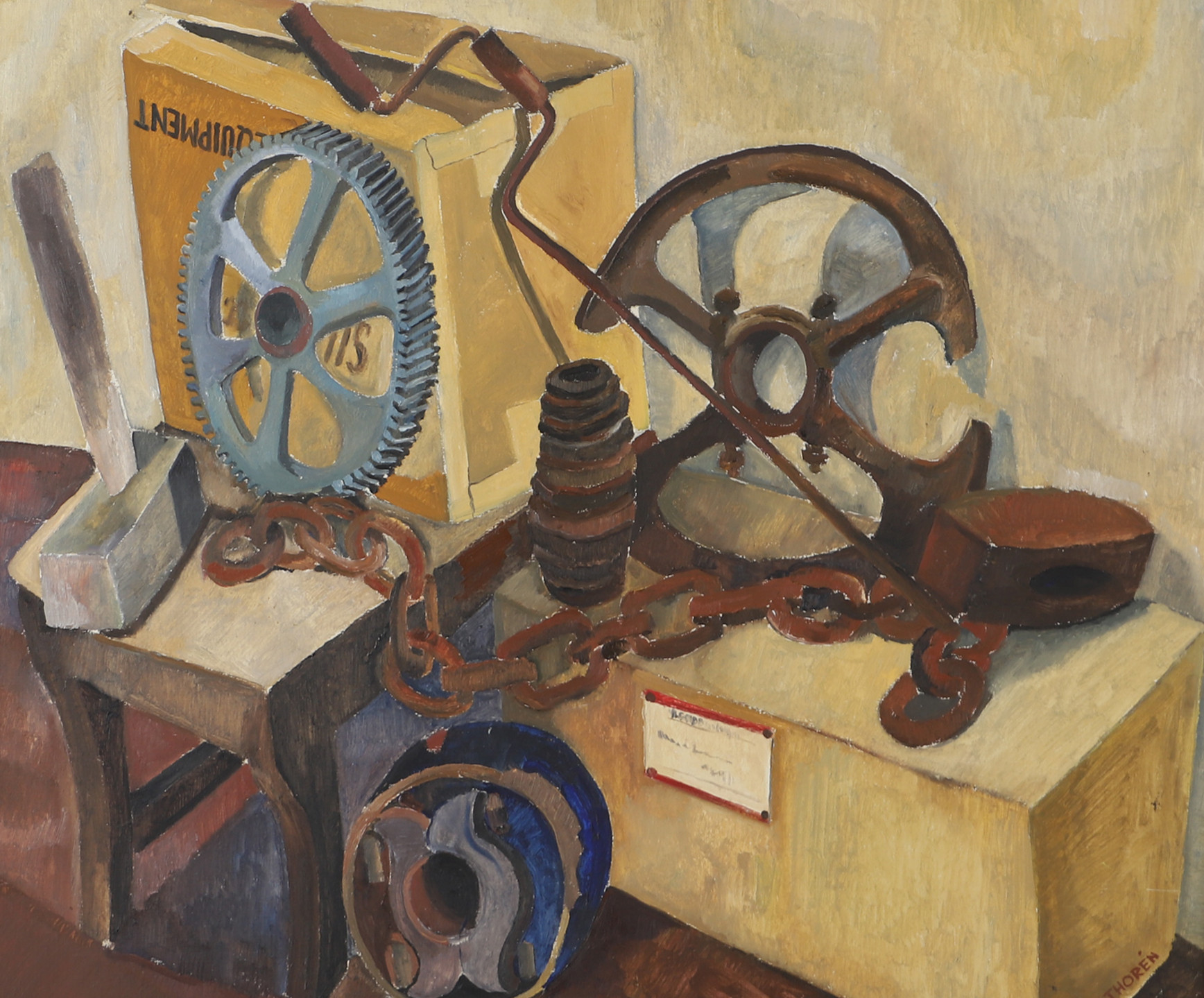 ESAIAS THORÉN. Stilleben med kugghjul, olja på pannå, signerad E. Thorén.