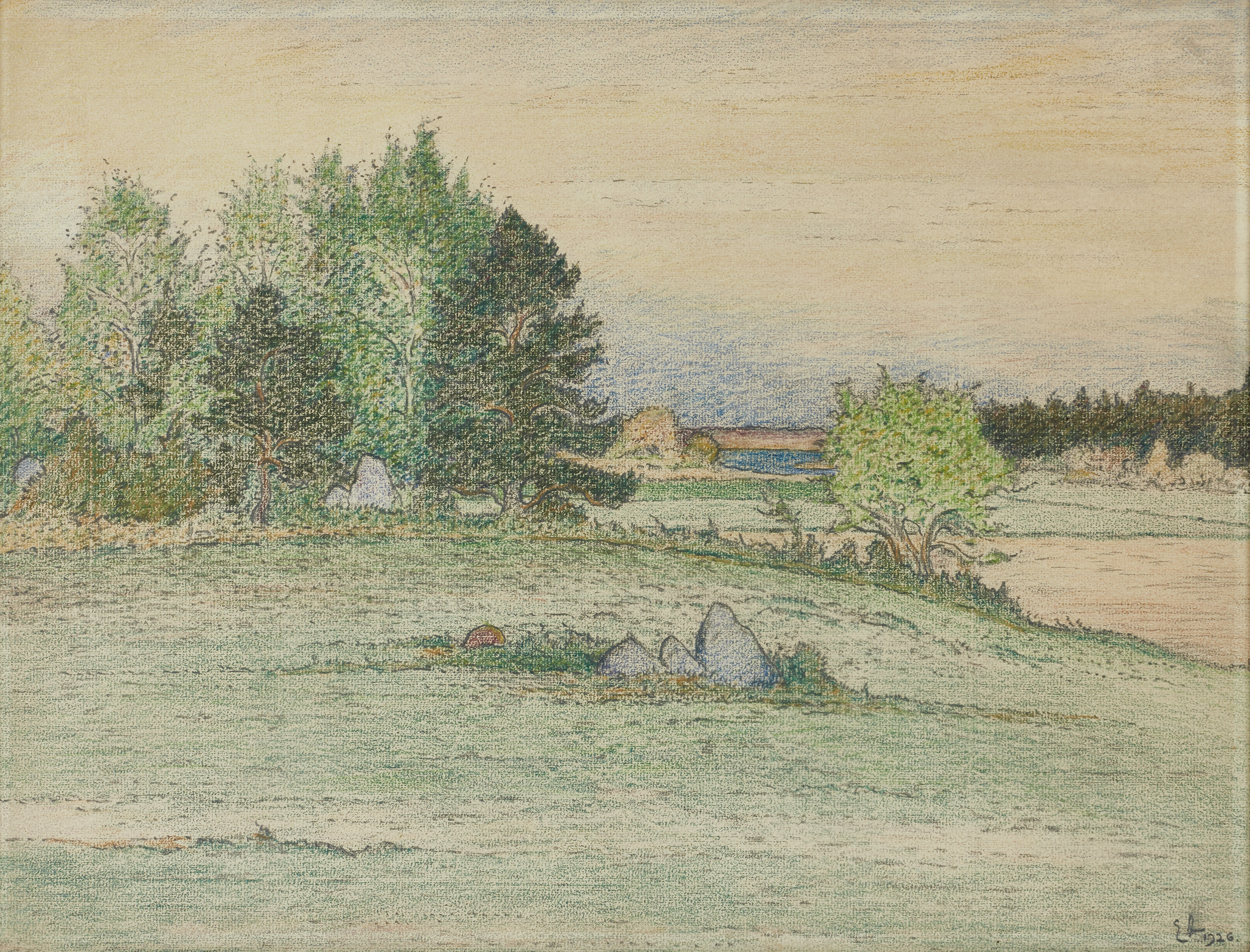 OIDENTIFIERAD KONSTNÄR, skogsbacke med äng, blandteknik, monogramsignerad och daterad EA 1926.
