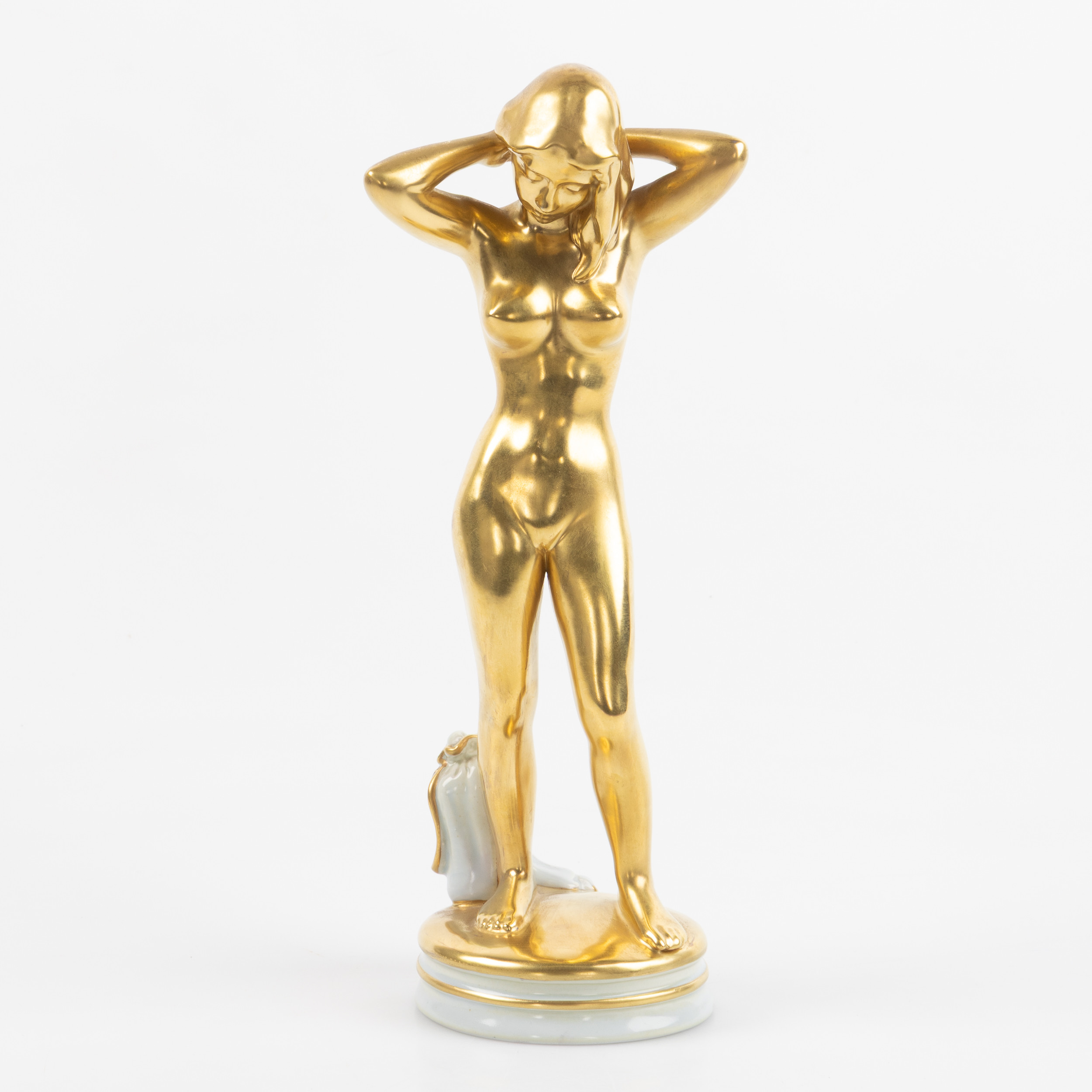 JOHAN GALSTER. Stående kvinna, figurin, förgylld fajans, Aluminia, Danmark.