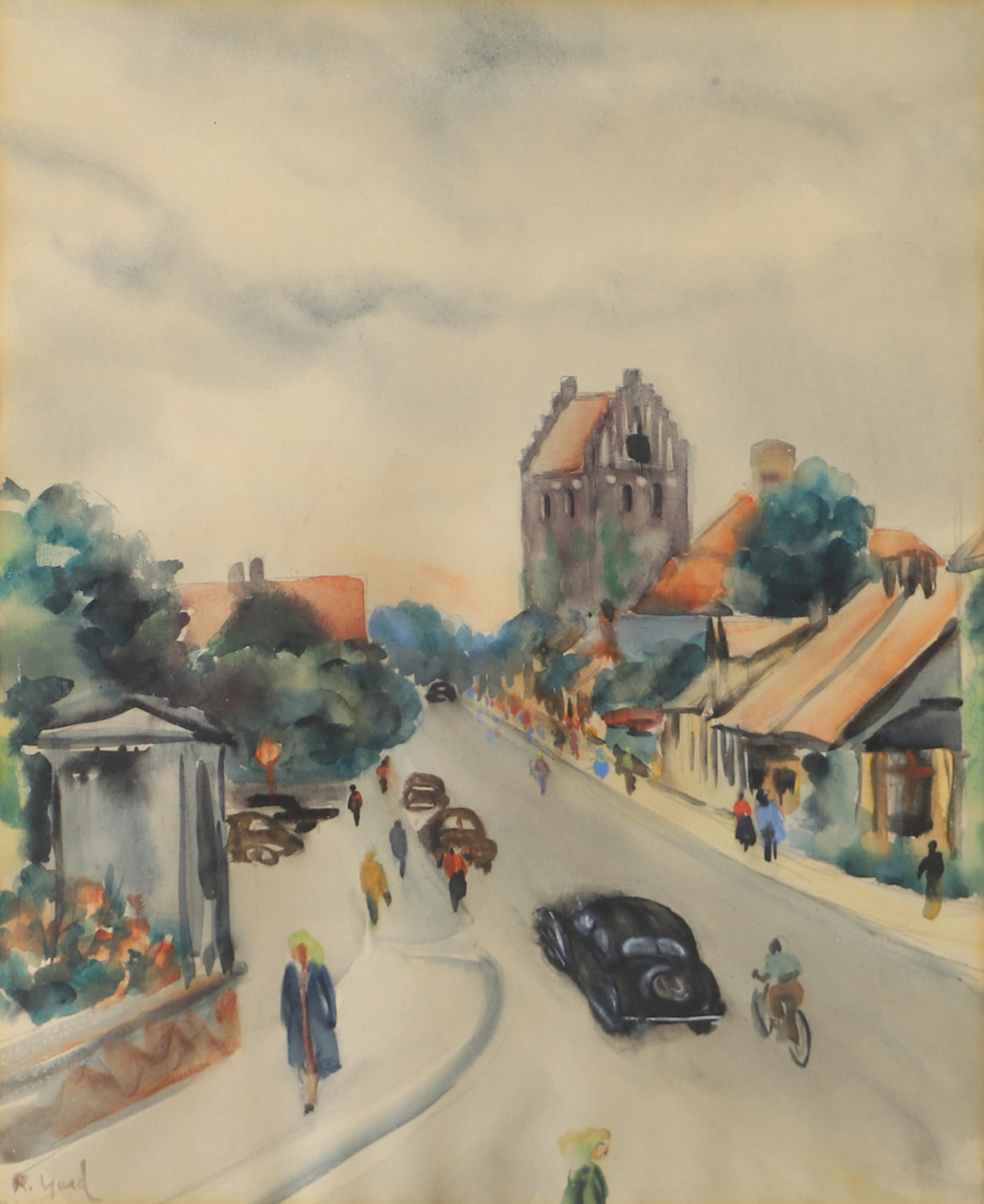 OIDENTIFIERAD KONSTNÄR. Stadsbild, akvarell, otydligt signerad.