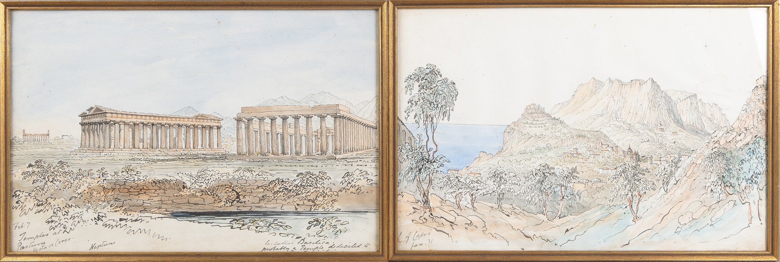 OIDENTIFIERAD KONSTNÄR. Akvareller, 4 stycken, motiv från bl a Capri, Akropolis mm, 1900-tal.