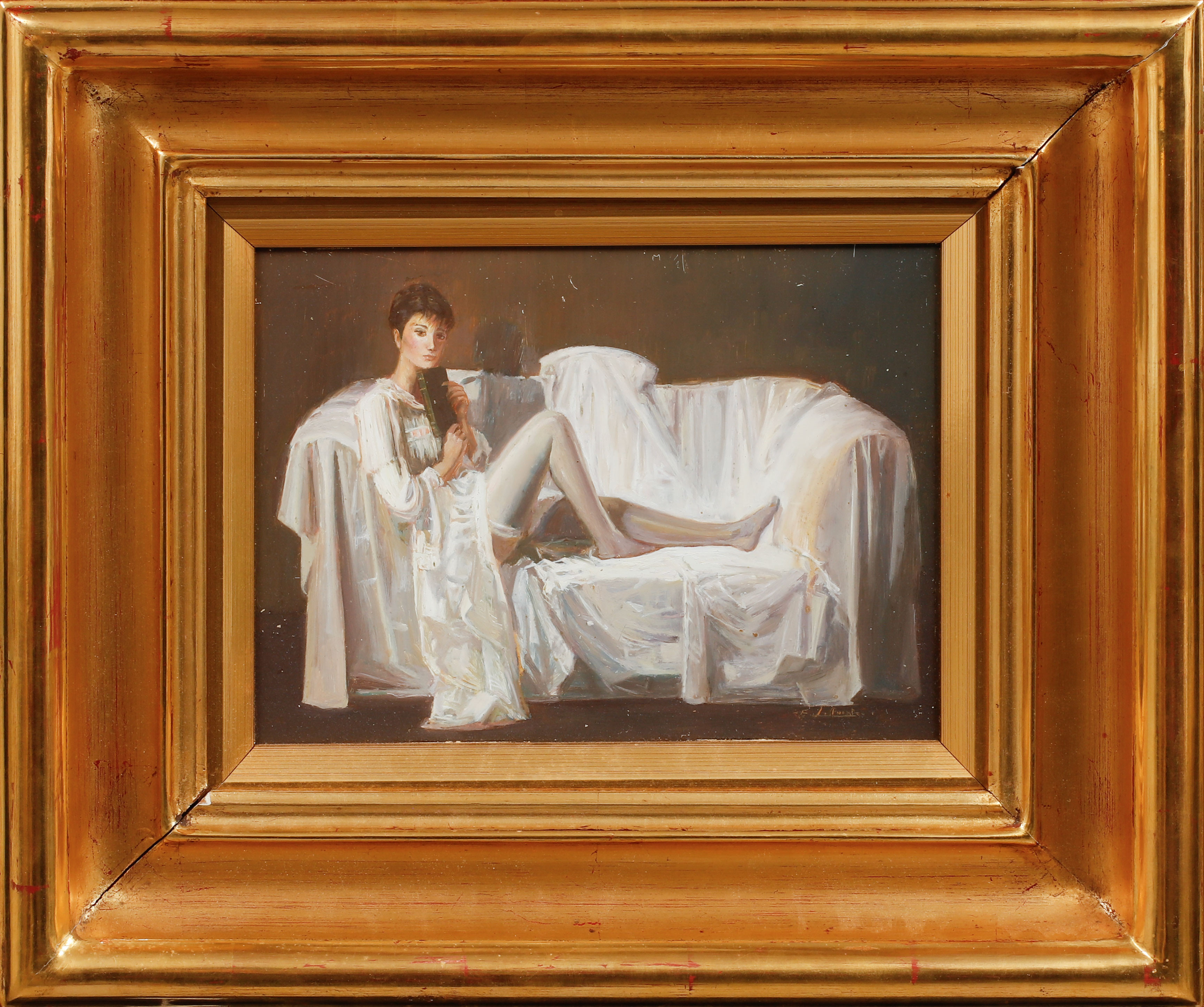 GUILLERMO FERRANDIZ ESTEVE. Figur i soffa, olja på koppar, signerad.