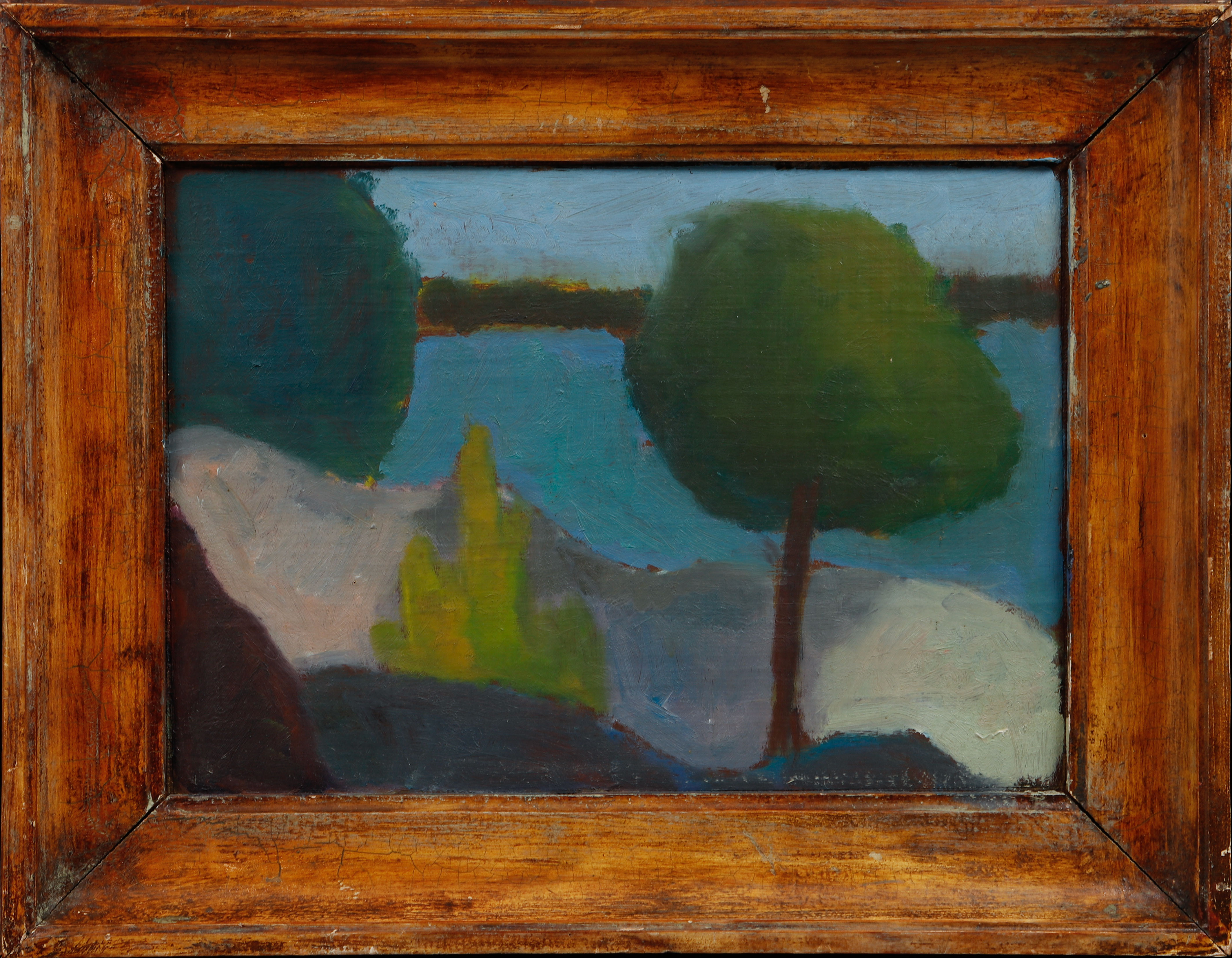 OIDENTIFIERAD KONSTNÄR. Landskapsmotiv, olja på pannå, otydligt signerad.