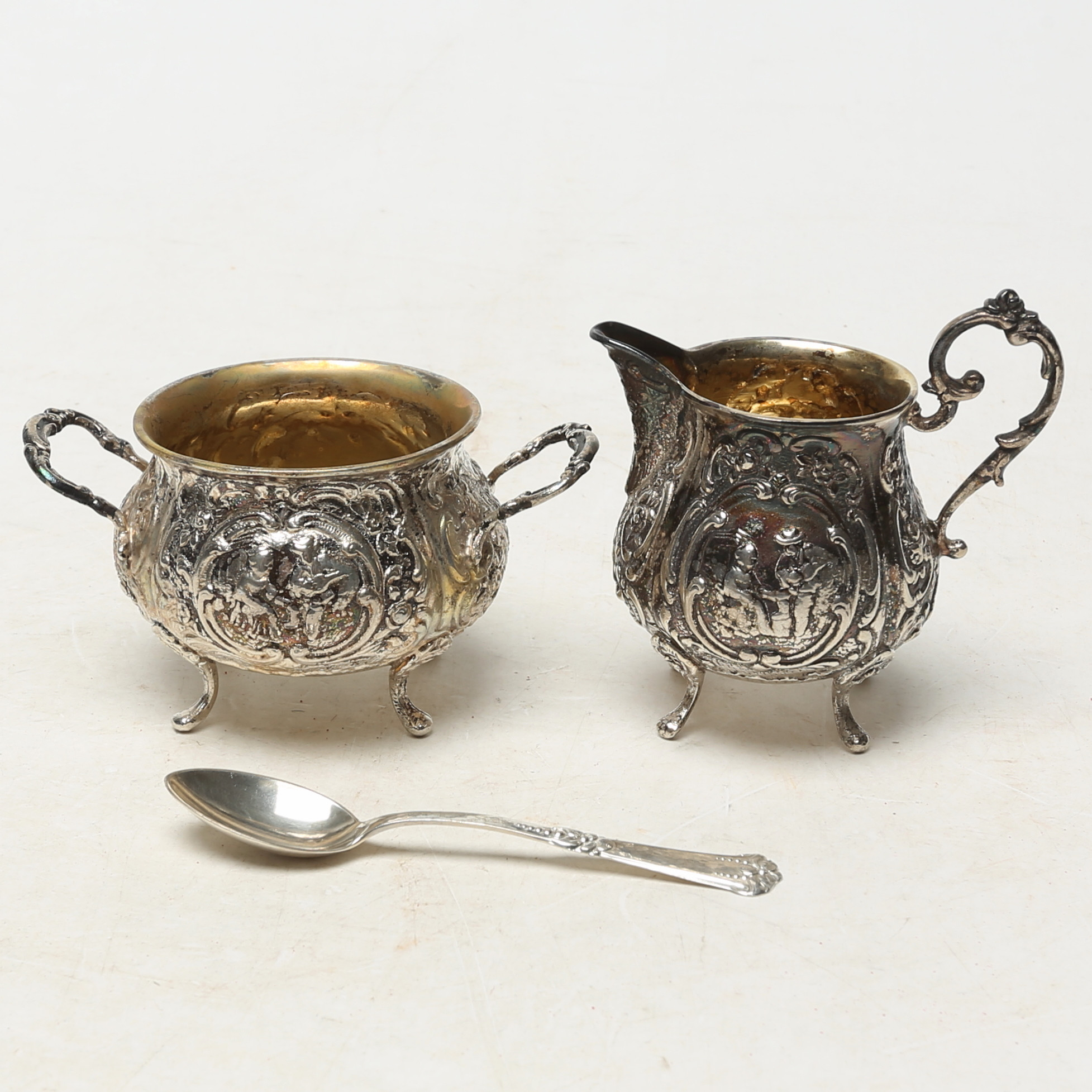 GRÄDDKANNA, SOCKERSKÅL, SKED, silver.