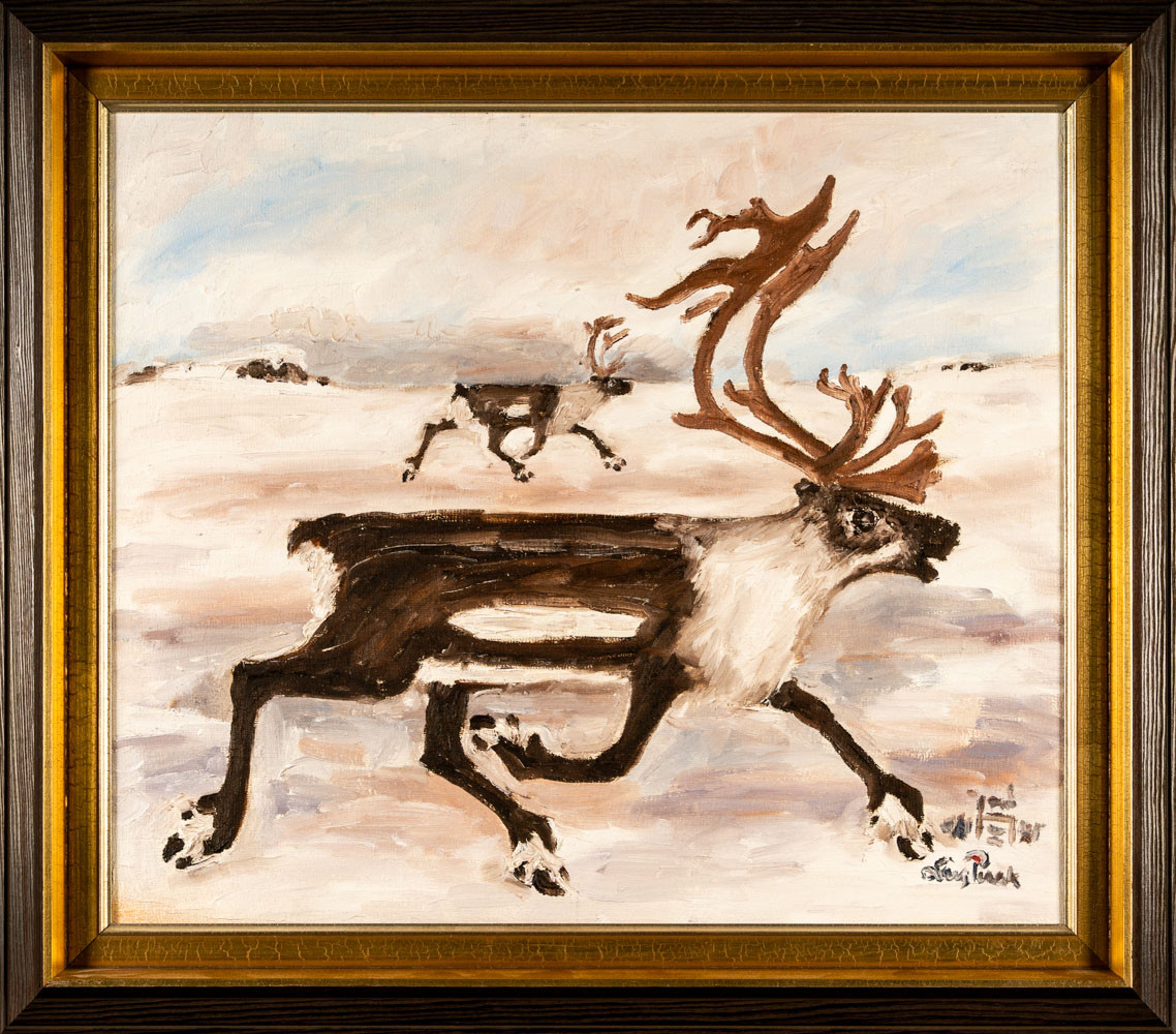 LARS PIRAK. Olja på duk, signerad, motiv "Renar på fjället".
