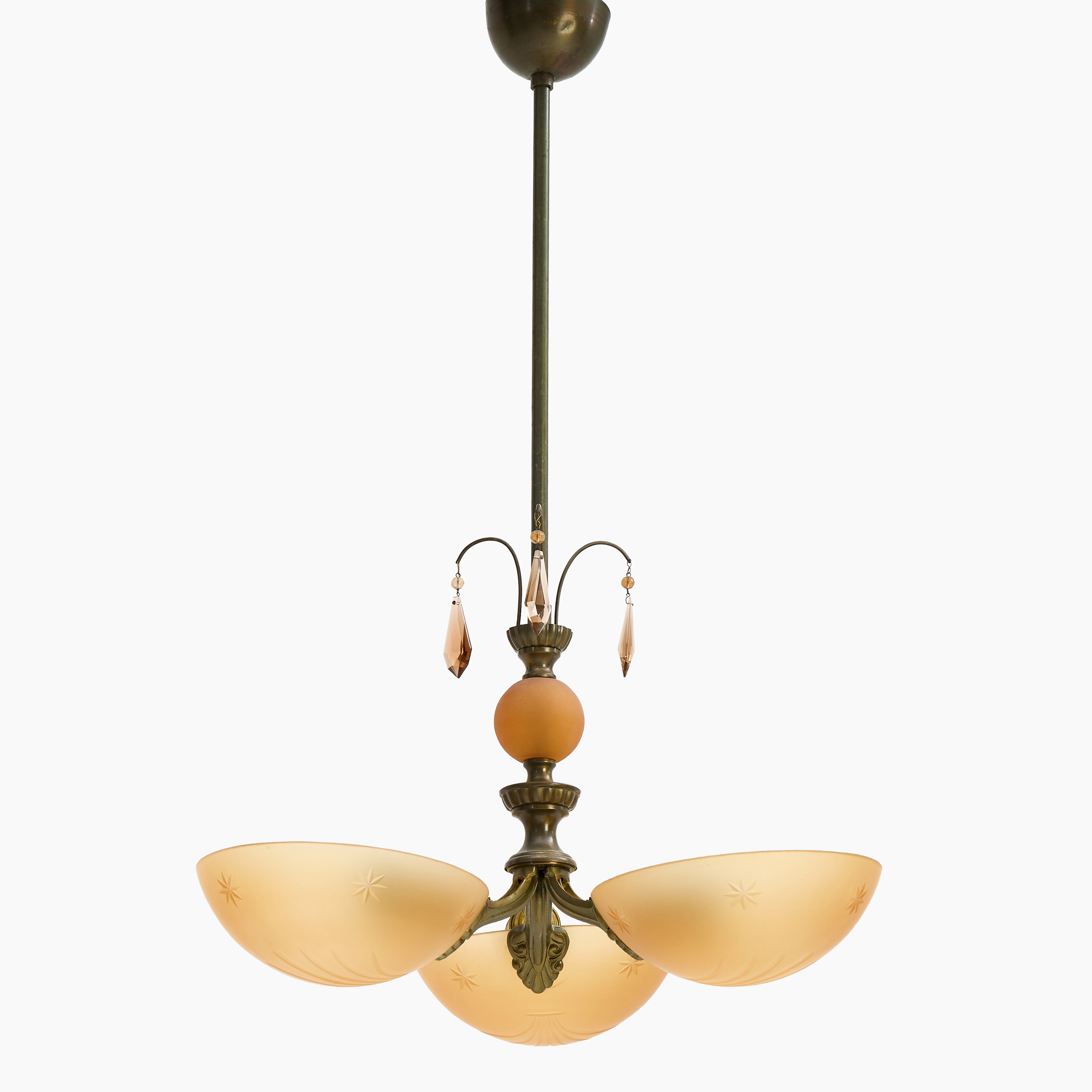 TAKLAMPA, 3 ljuspunkter, patinerad mässing och havannaglas, 1920/30-tal. Swedish Grace.