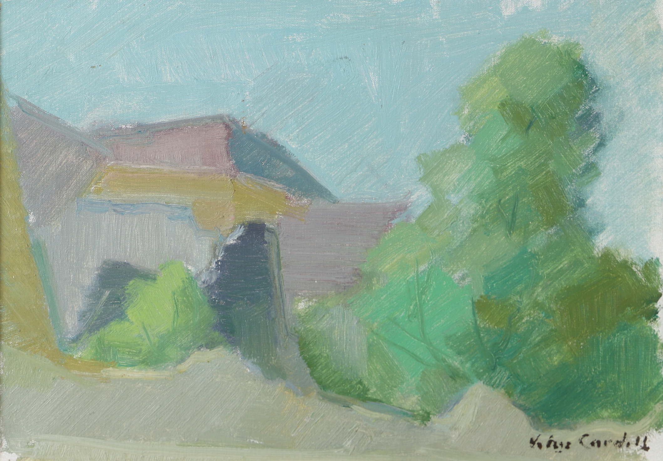 HELGE CARDELL. Landskap med hus, olja på duk, signerad.