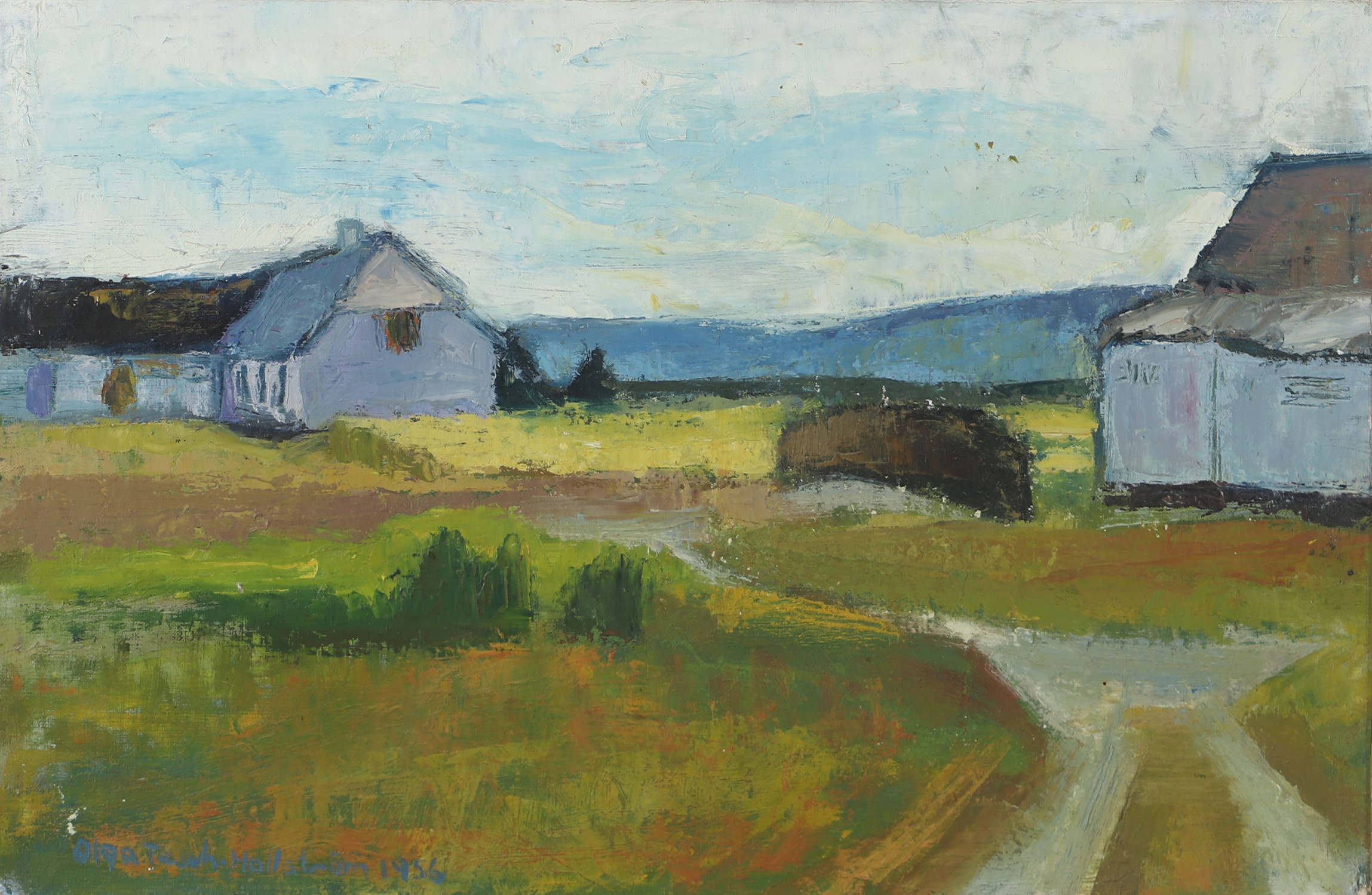 OLGA TESCH-HALLSTRÖM. Landskap med gård, olja på duk, signerad 1936.